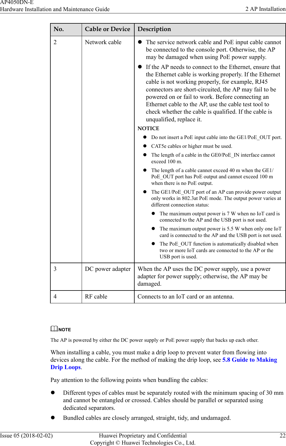 No. Cable or Device Description2 Network cable lThe service network cable and PoE input cable cannotbe connected to the console port. Otherwise, the APmay be damaged when using PoE power supply.lIf the AP needs to connect to the Ethernet, ensure thatthe Ethernet cable is working properly. If the Ethernetcable is not working properly, for example, RJ45connectors are short-circuited, the AP may fail to bepowered on or fail to work. Before connecting anEthernet cable to the AP, use the cable test tool tocheck whether the cable is qualified. If the cable isunqualified, replace it.NOTICElDo not insert a PoE input cable into the GE1/PoE_OUT port.lCAT5e cables or higher must be used.lThe length of a cable in the GE0/PoE_IN interface cannotexceed 100 m.lThe length of a cable cannot exceed 40 m when the GE1/PoE_OUT port has PoE output and cannot exceed 100 mwhen there is no PoE output.lThe GE1/PoE_OUT port of an AP can provide power outputonly works in 802.3at PoE mode. The output power varies atdifferent connection status:lThe maximum output power is 7 W when no IoT card isconnected to the AP and the USB port is not used.lThe maximum output power is 5.5 W when only one IoTcard is connected to the AP and the USB port is not used.lThe PoE_OUT function is automatically disabled whentwo or more IoT cards are connected to the AP or theUSB port is used.3DC power adapter When the AP uses the DC power supply, use a poweradapter for power supply; otherwise, the AP may bedamaged.4 RF cable Connects to an IoT card or an antenna. NOTEThe AP is powered by either the DC power supply or PoE power supply that backs up each other.When installing a cable, you must make a drip loop to prevent water from flowing intodevices along the cable. For the method of making the drip loop, see 5.8 Guide to MakingDrip Loops.Pay attention to the following points when bundling the cables:lDifferent types of cables must be separately routed with the minimum spacing of 30 mmand cannot be entangled or crossed. Cables should be parallel or separated usingdedicated separators.lBundled cables are closely arranged, straight, tidy, and undamaged.AP4050DN-EHardware Installation and Maintenance Guide 2 AP InstallationIssue 05 (2018-02-02) Huawei Proprietary and ConfidentialCopyright © Huawei Technologies Co., Ltd.22