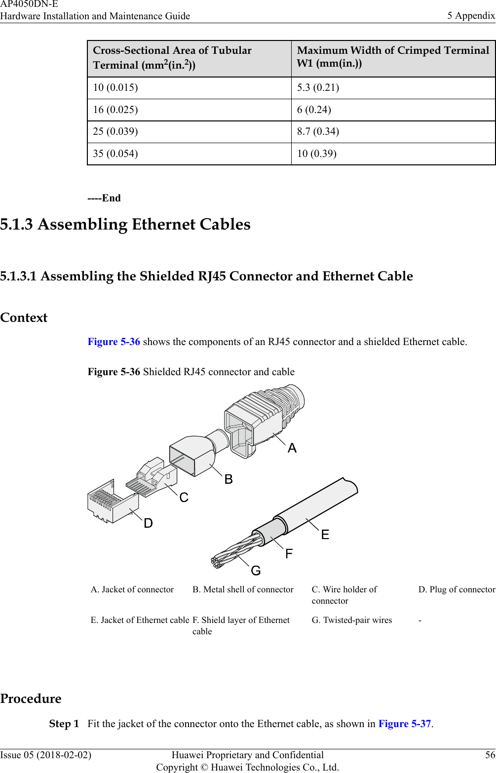 Cross-Sectional Area of TubularTerminal (mm2(in.2))Maximum Width of Crimped TerminalW1 (mm(in.))10 (0.015) 5.3 (0.21)16 (0.025) 6 (0.24)25 (0.039) 8.7 (0.34)35 (0.054) 10 (0.39) ----End5.1.3 Assembling Ethernet Cables5.1.3.1 Assembling the Shielded RJ45 Connector and Ethernet CableContextFigure 5-36 shows the components of an RJ45 connector and a shielded Ethernet cable.Figure 5-36 Shielded RJ45 connector and cableA. Jacket of connector B. Metal shell of connector C. Wire holder ofconnectorD. Plug of connectorE. Jacket of Ethernet cable F. Shield layer of EthernetcableG. Twisted-pair wires - ProcedureStep 1 Fit the jacket of the connector onto the Ethernet cable, as shown in Figure 5-37.AP4050DN-EHardware Installation and Maintenance Guide 5 AppendixIssue 05 (2018-02-02) Huawei Proprietary and ConfidentialCopyright © Huawei Technologies Co., Ltd.56