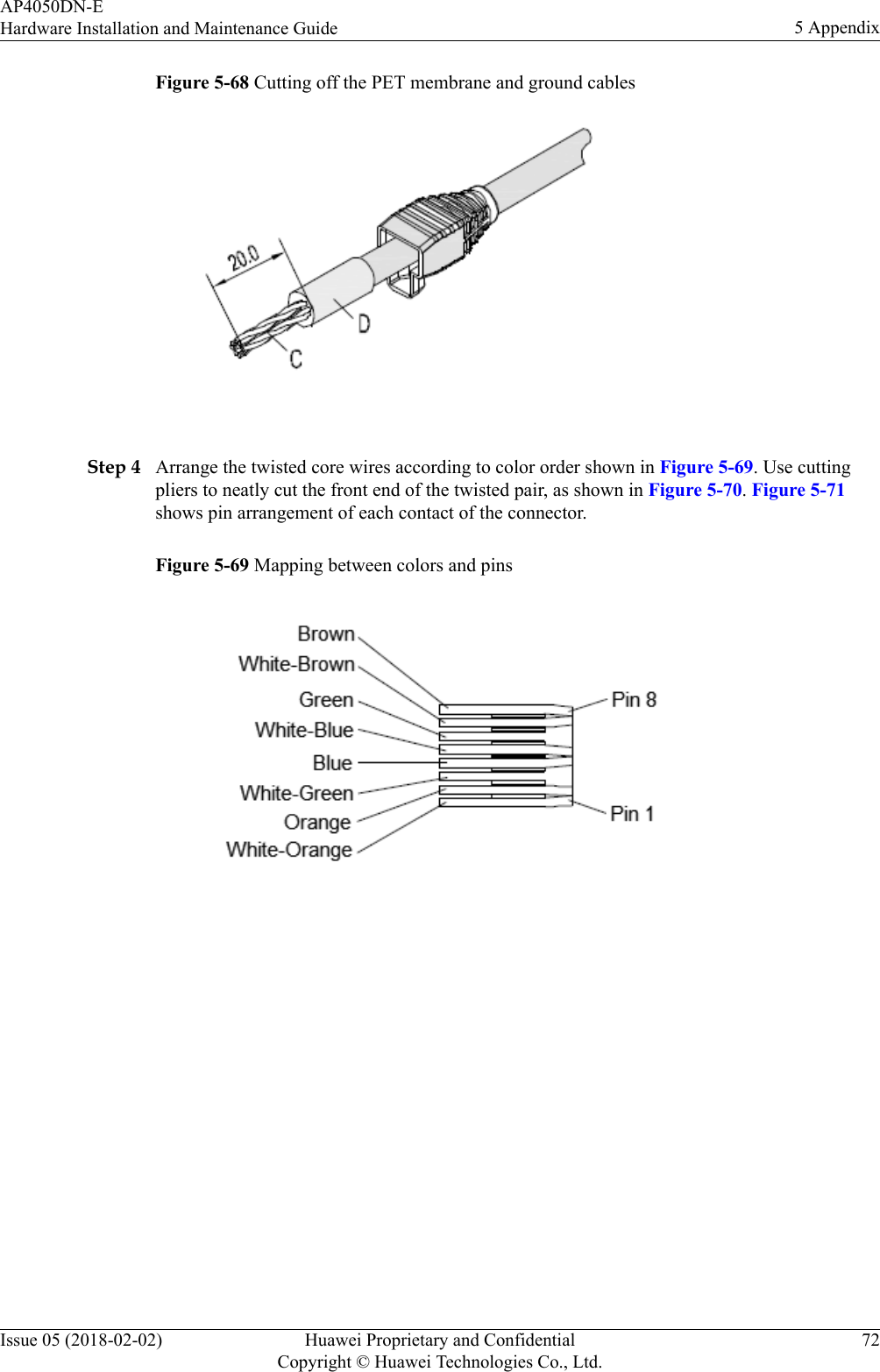 Figure 5-68 Cutting off the PET membrane and ground cables Step 4 Arrange the twisted core wires according to color order shown in Figure 5-69. Use cuttingpliers to neatly cut the front end of the twisted pair, as shown in Figure 5-70. Figure 5-71shows pin arrangement of each contact of the connector.Figure 5-69 Mapping between colors and pins AP4050DN-EHardware Installation and Maintenance Guide 5 AppendixIssue 05 (2018-02-02) Huawei Proprietary and ConfidentialCopyright © Huawei Technologies Co., Ltd.72