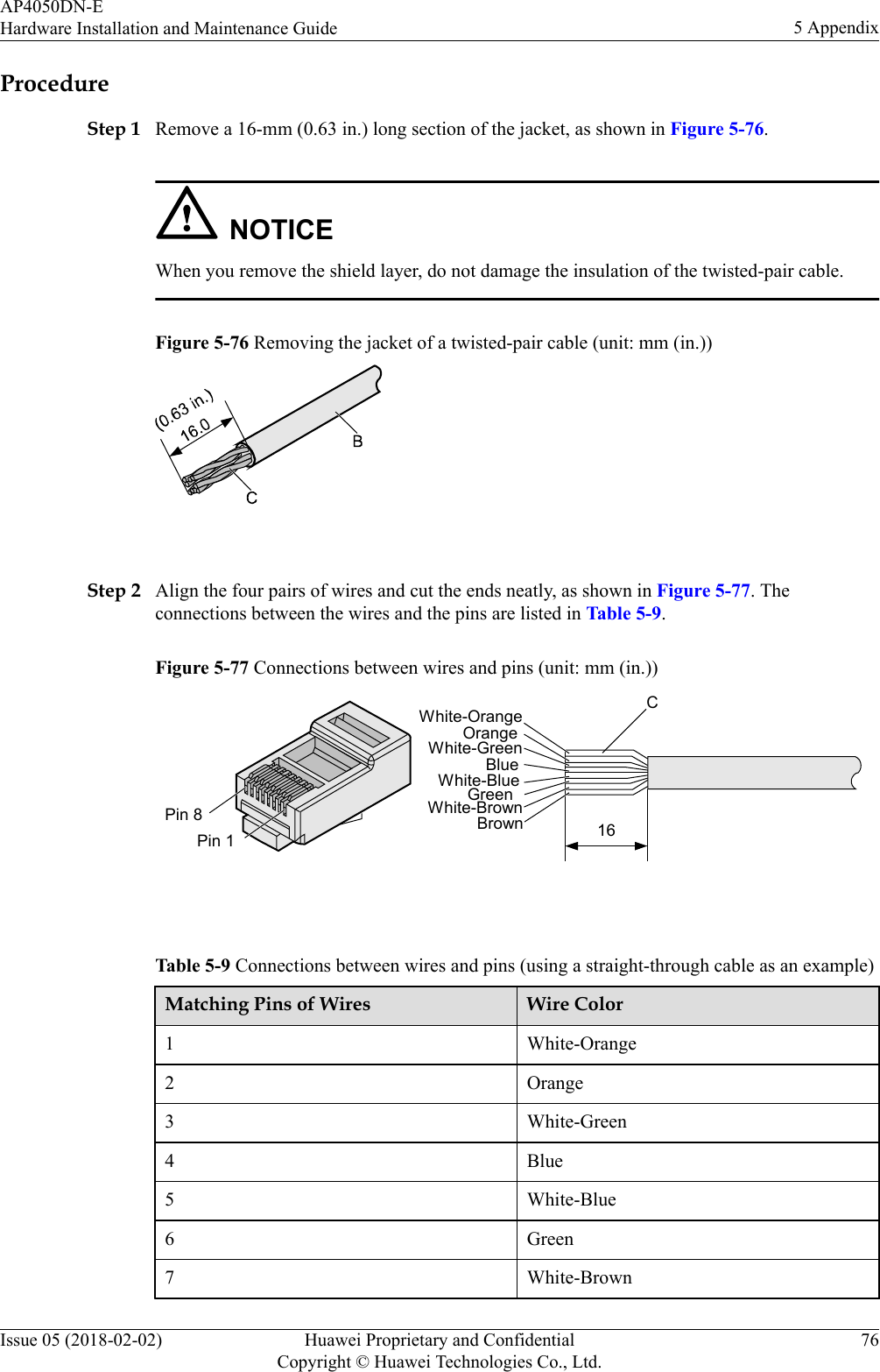 ProcedureStep 1 Remove a 16-mm (0.63 in.) long section of the jacket, as shown in Figure 5-76.NOTICEWhen you remove the shield layer, do not damage the insulation of the twisted-pair cable.Figure 5-76 Removing the jacket of a twisted-pair cable (unit: mm (in.)) Step 2 Align the four pairs of wires and cut the ends neatly, as shown in Figure 5-77. Theconnections between the wires and the pins are listed in Table 5-9.Figure 5-77 Connections between wires and pins (unit: mm (in.))C16White-OrangeWhite-GreenOrangeBlueWhite-BlueGreenWhite-BrownBrownPin 8Pin 1 Table 5-9 Connections between wires and pins (using a straight-through cable as an example)Matching Pins of Wires Wire Color1 White-Orange2 Orange3 White-Green4 Blue5 White-Blue6 Green7 White-BrownAP4050DN-EHardware Installation and Maintenance Guide 5 AppendixIssue 05 (2018-02-02) Huawei Proprietary and ConfidentialCopyright © Huawei Technologies Co., Ltd.76