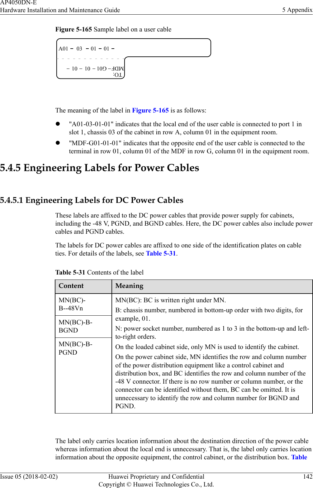 Figure 5-165 Sample label on a user cableA01TO:03 01 01MDF G01 01 01 The meaning of the label in Figure 5-165 is as follows:l&quot;A01-03-01-01&quot; indicates that the local end of the user cable is connected to port 1 inslot 1, chassis 03 of the cabinet in row A, column 01 in the equipment room.l&quot;MDF-G01-01-01&quot; indicates that the opposite end of the user cable is connected to theterminal in row 01, column 01 of the MDF in row G, column 01 in the equipment room.5.4.5 Engineering Labels for Power Cables5.4.5.1 Engineering Labels for DC Power CablesThese labels are affixed to the DC power cables that provide power supply for cabinets,including the -48 V, PGND, and BGND cables. Here, the DC power cables also include powercables and PGND cables.The labels for DC power cables are affixed to one side of the identification plates on cableties. For details of the labels, see Table 5-31.Table 5-31 Contents of the labelContent MeaningMN(BC)-B--48VnMN(BC): BC is written right under MN.B: chassis number, numbered in bottom-up order with two digits, forexample, 01.N: power socket number, numbered as 1 to 3 in the bottom-up and left-to-right orders.On the loaded cabinet side, only MN is used to identify the cabinet.On the power cabinet side, MN identifies the row and column numberof the power distribution equipment like a control cabinet anddistribution box, and BC identifies the row and column number of the-48 V connector. If there is no row number or column number, or theconnector can be identified without them, BC can be omitted. It isunnecessary to identify the row and column number for BGND andPGND.MN(BC)-B-BGNDMN(BC)-B-PGND The label only carries location information about the destination direction of the power cablewhereas information about the local end is unnecessary. That is, the label only carries locationinformation about the opposite equipment, the control cabinet, or the distribution box. TableAP4050DN-EHardware Installation and Maintenance Guide 5 AppendixIssue 05 (2018-02-02) Huawei Proprietary and ConfidentialCopyright © Huawei Technologies Co., Ltd.142