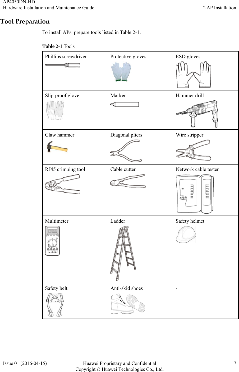 AP4050DN-HD Hardware Installation and Maintenance Guide  2 AP Installation Issue 01 (2016-04-15)  Huawei Proprietary and Confidential         Copyright © Huawei Technologies Co., Ltd.7 Tool Preparation To install APs, prepare tools listed in Table 2-1. Table 2-1 Tools Phillips screwdriver  Protective gloves  ESD gloves  Slip-proof glove  Marker  Hammer drill  Claw hammer  Diagonal pliers  Wire stripper  RJ45 crimping tool  Cable cutter  Network cable tester  Multimeter  Ladder  Safety helmet  Safety belt  Anti-skid shoes  -  
