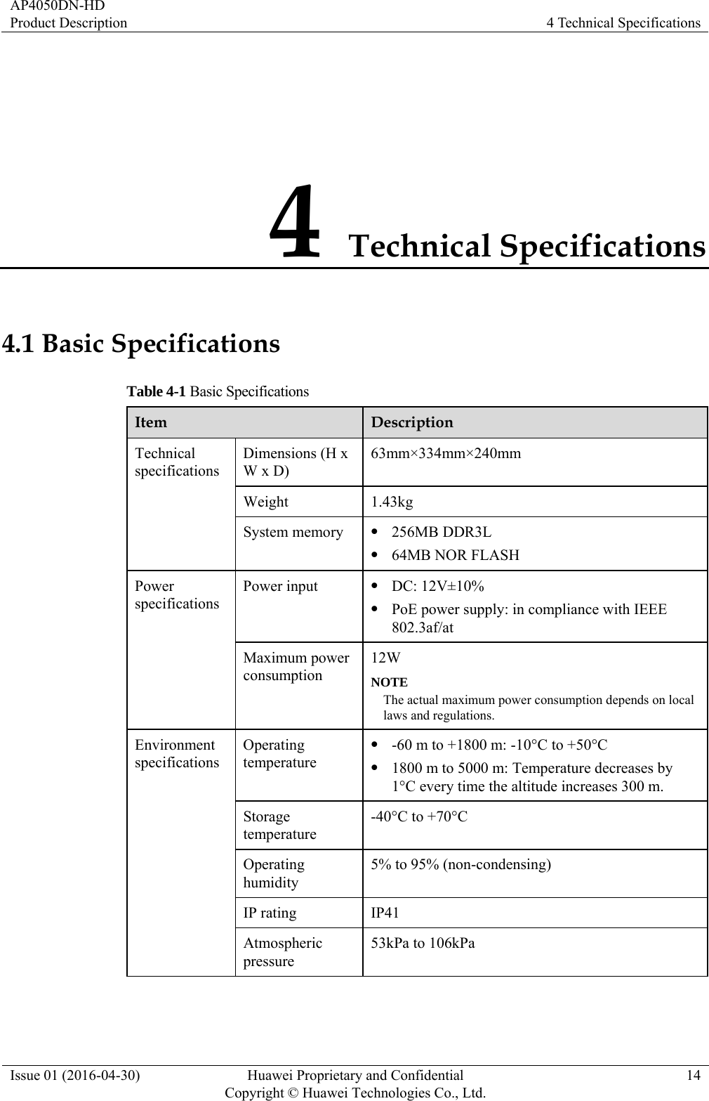 AP4050DN-HD Product Description  4 Technical Specifications Issue 01 (2016-04-30)  Huawei Proprietary and Confidential         Copyright © Huawei Technologies Co., Ltd.14 4 Technical Specifications 4.1 Basic Specifications Table 4-1 Basic Specifications Item  Description Technical specifications Dimensions (H x W x D) 63mm×334mm×240mm Weight 1.43kg System memory   256MB DDR3L  64MB NOR FLASH Power specifications Power input   DC: 12V±10%  PoE power supply: in compliance with IEEE 802.3af/at Maximum power consumption 12W NOTE The actual maximum power consumption depends on local laws and regulations. Environment specifications Operating temperature  -60 m to +1800 m: -10°C to +50°C  1800 m to 5000 m: Temperature decreases by 1°C every time the altitude increases 300 m. Storage temperature -40°C to +70°C Operating humidity 5% to 95% (non-condensing) IP rating  IP41 Atmospheric pressure 53kPa to 106kPa  