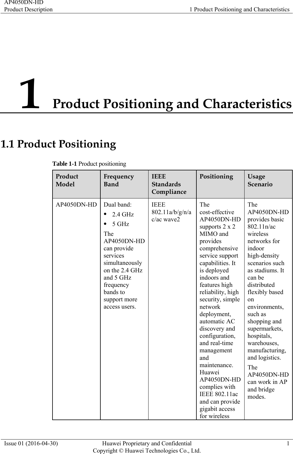 AP4050DN-HD Product Description  1 Product Positioning and Characteristics Issue 01 (2016-04-30)  Huawei Proprietary and Confidential         Copyright © Huawei Technologies Co., Ltd.1 1 Product Positioning and Characteristics 1.1 Product Positioning Table 1-1 Product positioning Product Model Frequency Band IEEE Standards Compliance Positioning  Usage Scenario AP4050DN-HD Dual band:  2.4 GHz  5 GHz The AP4050DN-HD can provide services simultaneously on the 2.4 GHz and 5 GHz frequency bands to support more access users. IEEE 802.11a/b/g/n/ac/ac wave2 The cost-effective AP4050DN-HD supports 2 x 2 MIMO and provides comprehensive service support capabilities. It is deployed indoors and features high reliability, high security, simple network deployment, automatic AC discovery and configuration, and real-time management and maintenance. Huawei AP4050DN-HD complies with IEEE 802.11ac and can provide gigabit access for wireless The AP4050DN-HD provides basic 802.11n/ac wireless networks for indoor high-density scenarios such as stadiums. It can be distributed flexibly based on environments, such as shopping and supermarkets, hospitals, warehouses, manufacturing, and logistics.   The AP4050DN-HD can work in AP and bridge modes. 