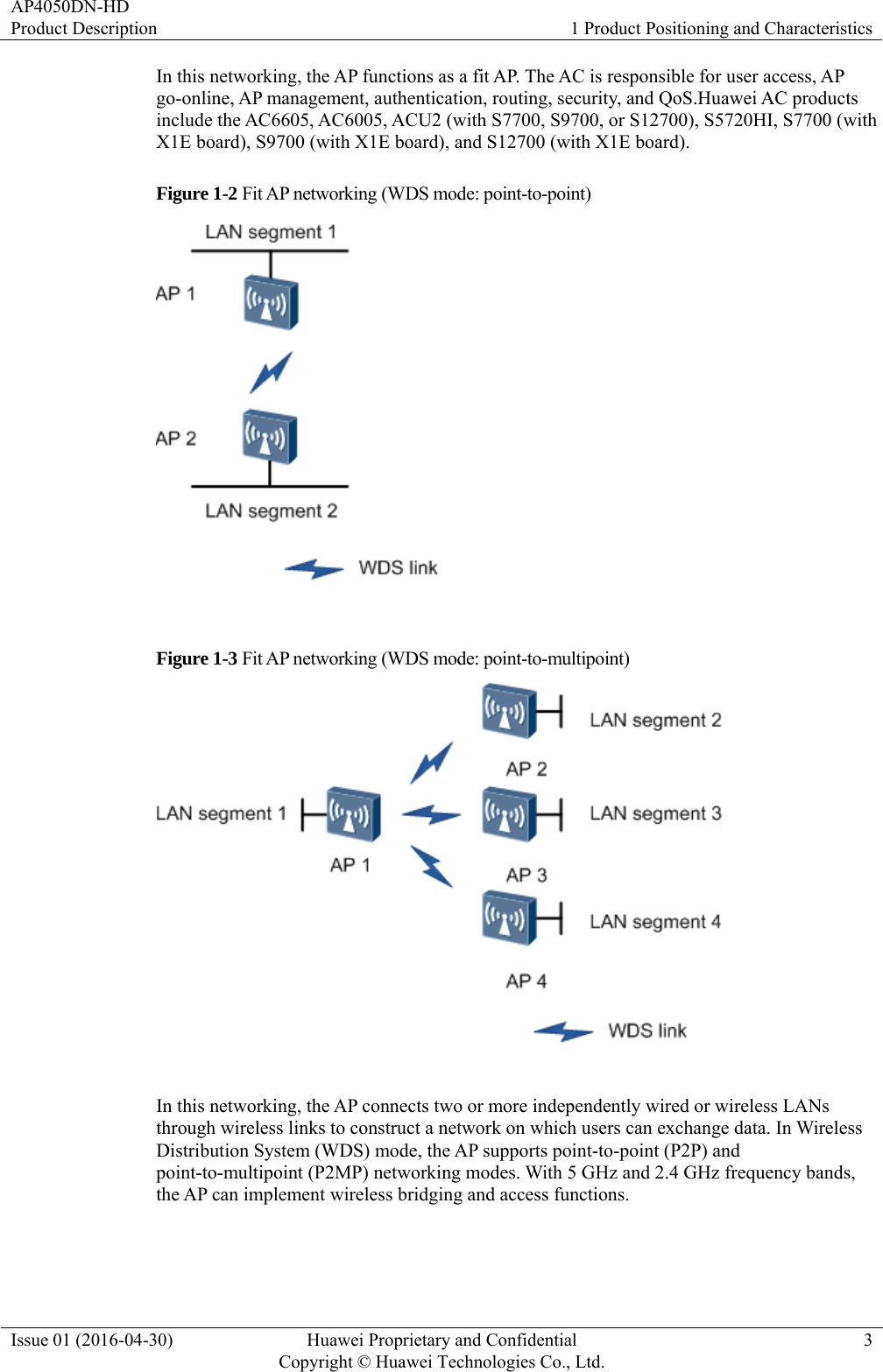 AP4050DN-HD Product Description  1 Product Positioning and Characteristics Issue 01 (2016-04-30)  Huawei Proprietary and Confidential         Copyright © Huawei Technologies Co., Ltd.3 In this networking, the AP functions as a fit AP. The AC is responsible for user access, AP go-online, AP management, authentication, routing, security, and QoS.Huawei AC products include the AC6605, AC6005, ACU2 (with S7700, S9700, or S12700), S5720HI, S7700 (with X1E board), S9700 (with X1E board), and S12700 (with X1E board). Figure 1-2 Fit AP networking (WDS mode: point-to-point)   Figure 1-3 Fit AP networking (WDS mode: point-to-multipoint)   In this networking, the AP connects two or more independently wired or wireless LANs through wireless links to construct a network on which users can exchange data. In Wireless Distribution System (WDS) mode, the AP supports point-to-point (P2P) and point-to-multipoint (P2MP) networking modes. With 5 GHz and 2.4 GHz frequency bands, the AP can implement wireless bridging and access functions. 