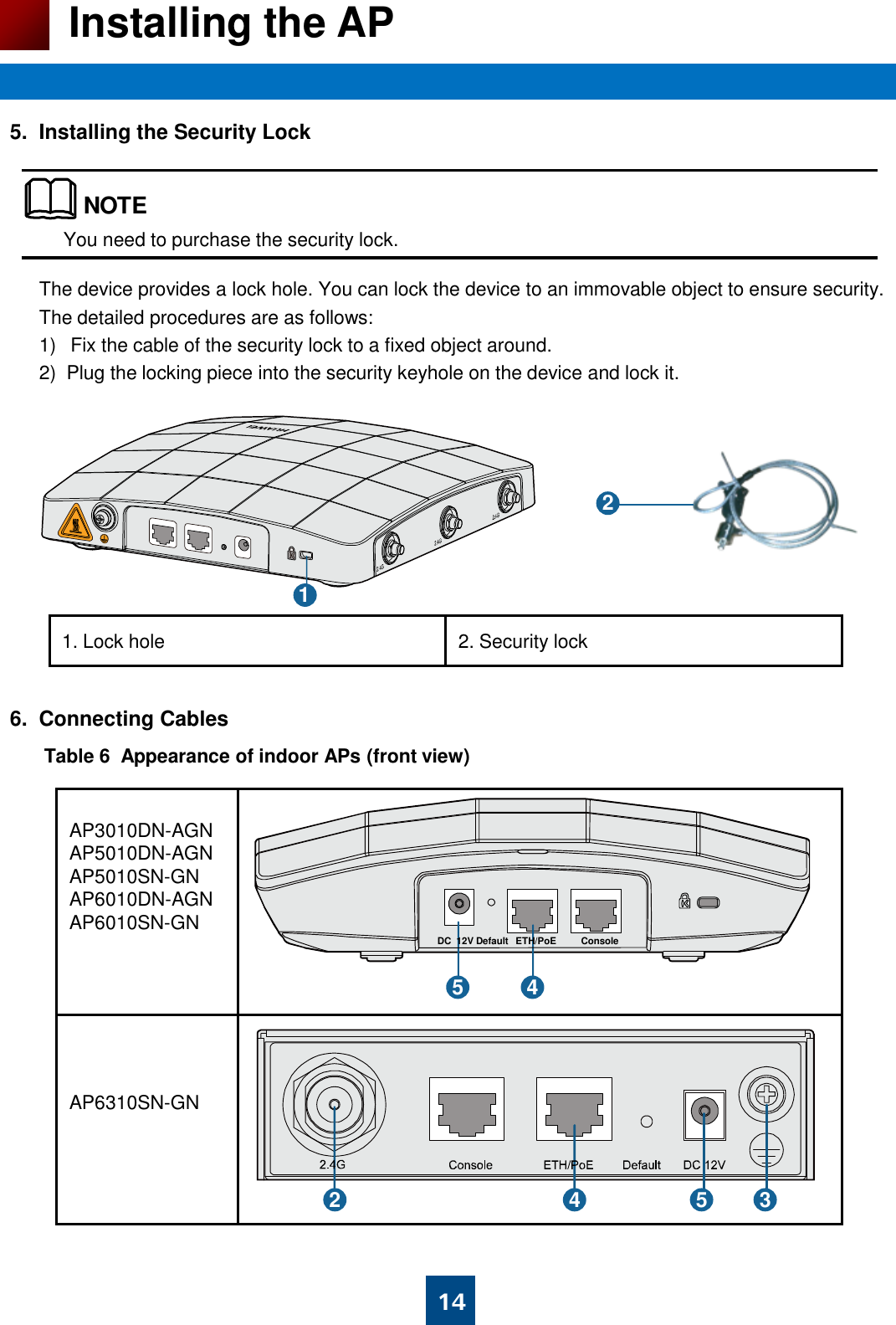 6.  Connecting Cables                                       5.  Installing the Security Lock                                       14 Installing the AP You need to purchase the security lock. 2 1. Lock hole 2. Security lock The device provides a lock hole. You can lock the device to an immovable object to ensure security. The detailed procedures are as follows:  1) Fix the cable of the security lock to a fixed object around. 2)  Plug the locking piece into the security keyhole on the device and lock it. Table 6  Appearance of indoor APs (front view)  AP3010DN-AGN AP5010DN-AGN AP5010SN-GN AP6010DN-AGN AP6010SN-GN      AP6310SN-GN  4 Console ETH/PoE Default  DC  12V  5 2  4  3 5 1 NOTE