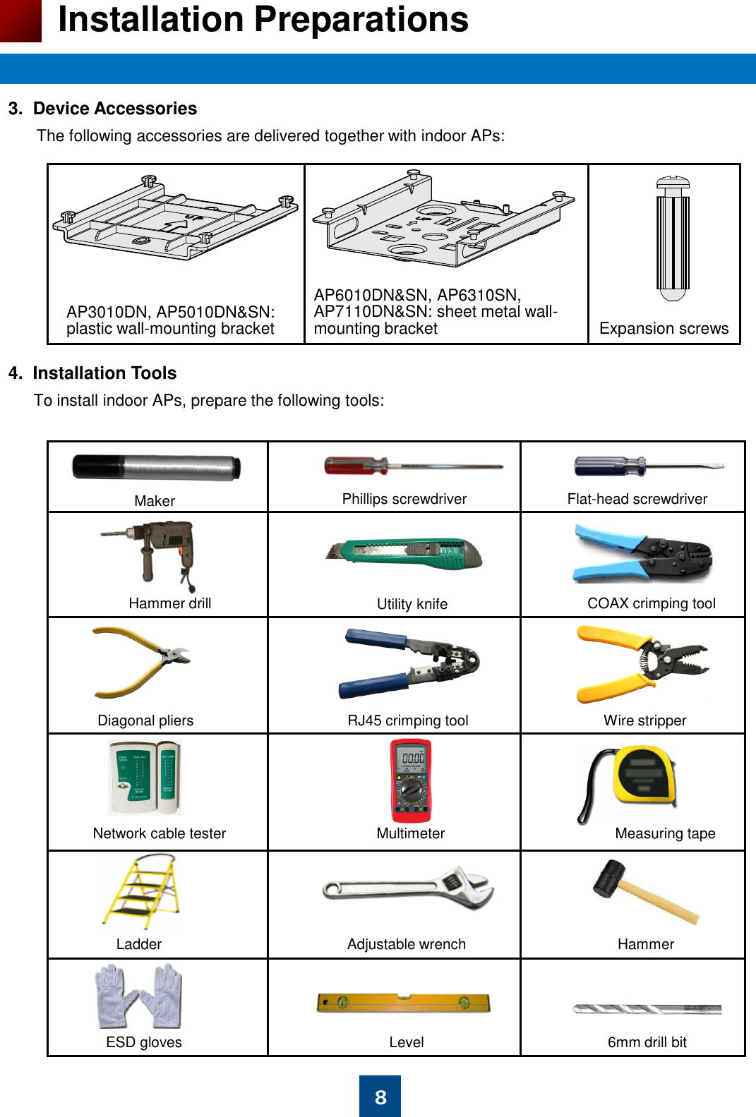 8 Installation Preparations 3.  Device Accessories      The following accessories are delivered together with indoor APs:       4.  Installation Tools       To install indoor APs, prepare the following tools:                AP6010DN&amp;SN, AP6310SN,  AP7110DN&amp;SN: sheet metal wall- mounting bracket  Expansion screws Measuring tape Phillips screwdriver  Flat-head screwdriver Utility knife Wire stripper Network cable tester  Multimeter Adjustable wrench Maker RJ45 crimping tool Diagonal pliers Ladder COAX crimping tool Hammer drill Hammer ESD gloves  Level  6mm drill bit AP3010DN, AP5010DN&amp;SN:  plastic wall-mounting bracket 