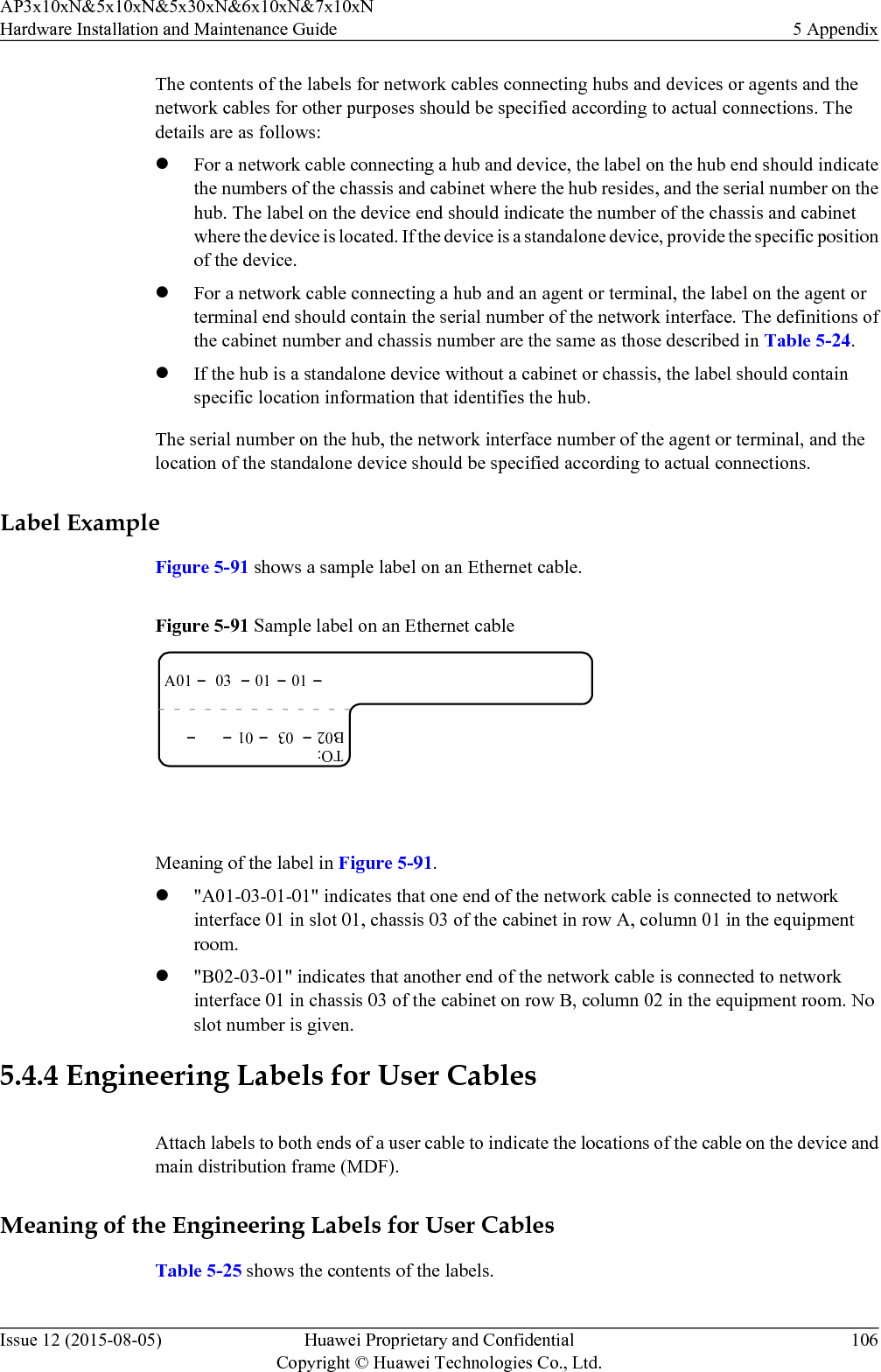 The contents of the labels for network cables connecting hubs and devices or agents and thenetwork cables for other purposes should be specified according to actual connections. Thedetails are as follows:lFor a network cable connecting a hub and device, the label on the hub end should indicatethe numbers of the chassis and cabinet where the hub resides, and the serial number on thehub. The label on the device end should indicate the number of the chassis and cabinetwhere the device is located. If the device is a standalone device, provide the specific positionof the device.lFor a network cable connecting a hub and an agent or terminal, the label on the agent orterminal end should contain the serial number of the network interface. The definitions ofthe cabinet number and chassis number are the same as those described in Table 5-24.lIf the hub is a standalone device without a cabinet or chassis, the label should containspecific location information that identifies the hub.The serial number on the hub, the network interface number of the agent or terminal, and thelocation of the standalone device should be specified according to actual connections.Label ExampleFigure 5-91 shows a sample label on an Ethernet cable.Figure 5-91 Sample label on an Ethernet cableA01TO:03 01 01B02 03 01 Meaning of the label in Figure 5-91.l&quot;A01-03-01-01&quot; indicates that one end of the network cable is connected to networkinterface 01 in slot 01, chassis 03 of the cabinet in row A, column 01 in the equipmentroom.l&quot;B02-03-01&quot; indicates that another end of the network cable is connected to networkinterface 01 in chassis 03 of the cabinet on row B, column 02 in the equipment room. Noslot number is given.5.4.4 Engineering Labels for User CablesAttach labels to both ends of a user cable to indicate the locations of the cable on the device andmain distribution frame (MDF).Meaning of the Engineering Labels for User CablesTable 5-25 shows the contents of the labels.AP3x10xN&amp;5x10xN&amp;5x30xN&amp;6x10xN&amp;7x10xNHardware Installation and Maintenance Guide 5 AppendixIssue 12 (2015-08-05) Huawei Proprietary and ConfidentialCopyright © Huawei Technologies Co., Ltd.106