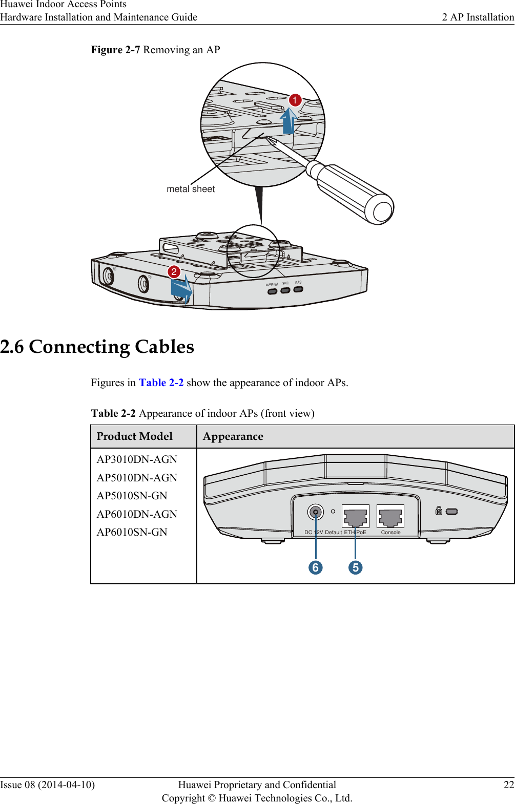 Figure 2-7 Removing an AP5G5G5GWirelessLinkSYSmetal sheet212.6 Connecting CablesFigures in Table 2-2 show the appearance of indoor APs.Table 2-2 Appearance of indoor APs (front view)Product Model AppearanceAP3010DN-AGNAP5010DN-AGNAP5010SN-GNAP6010DN-AGNAP6010SN-GN6 5ConsoleETH/PoEDefaultDC 12VHuawei Indoor Access PointsHardware Installation and Maintenance Guide 2 AP InstallationIssue 08 (2014-04-10) Huawei Proprietary and ConfidentialCopyright © Huawei Technologies Co., Ltd.22