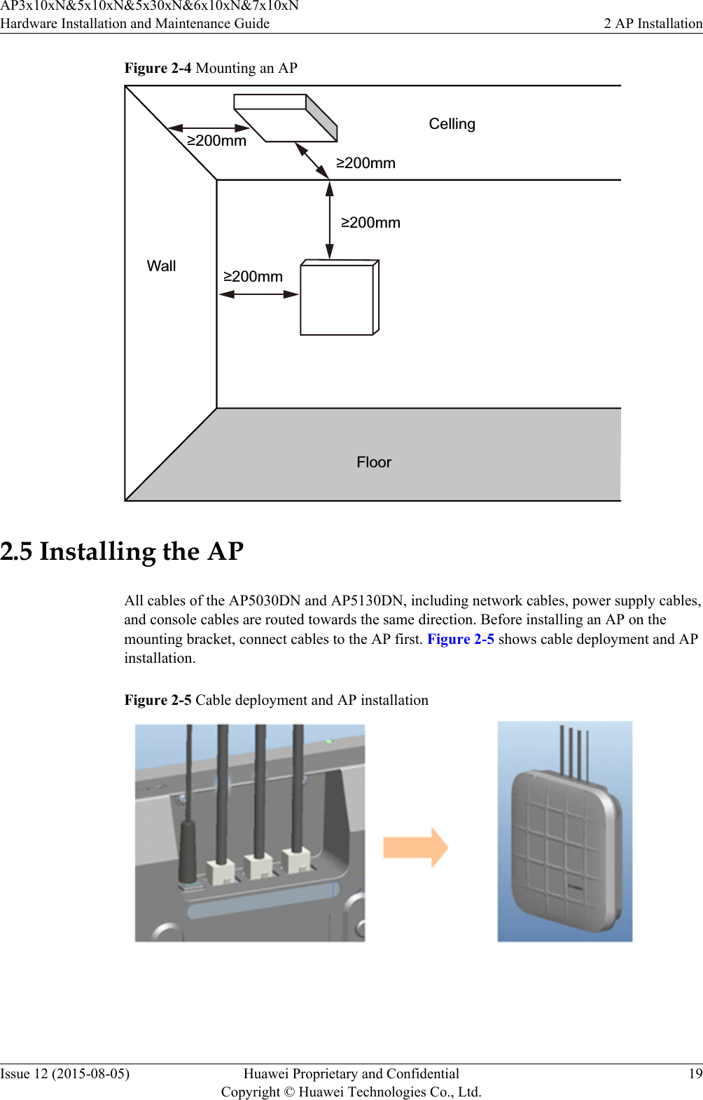 Figure 2-4 Mounting an AP≥200mm≥200mm≥200mm≥200mmFloorCellingWall2.5 Installing the APAll cables of the AP5030DN and AP5130DN, including network cables, power supply cables,and console cables are routed towards the same direction. Before installing an AP on themounting bracket, connect cables to the AP first. Figure 2-5 shows cable deployment and APinstallation.Figure 2-5 Cable deployment and AP installationAP3x10xN&amp;5x10xN&amp;5x30xN&amp;6x10xN&amp;7x10xNHardware Installation and Maintenance Guide 2 AP InstallationIssue 12 (2015-08-05) Huawei Proprietary and ConfidentialCopyright © Huawei Technologies Co., Ltd.19
