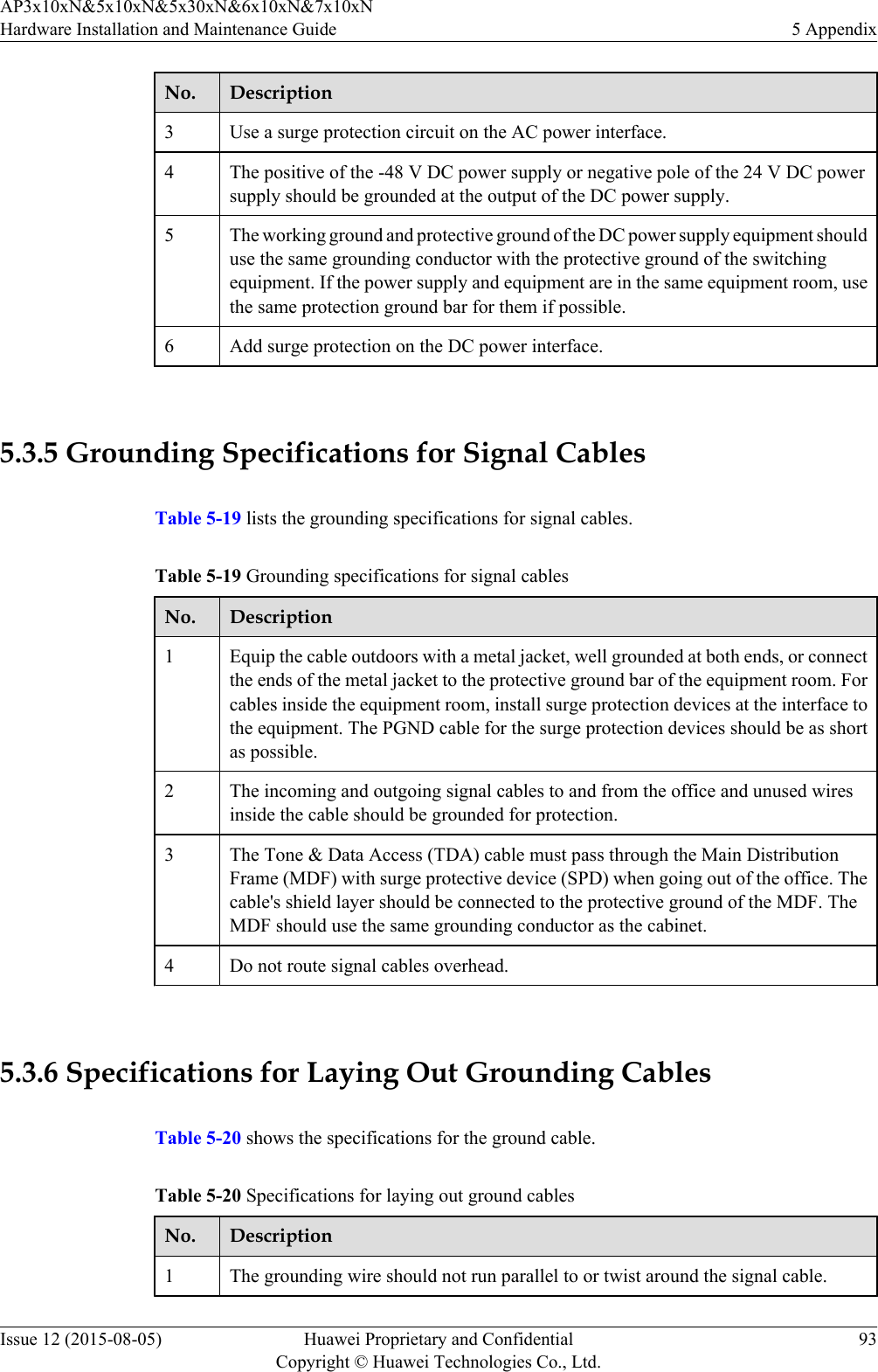 No. Description3Use a surge protection circuit on the AC power interface.4 The positive of the -48 V DC power supply or negative pole of the 24 V DC powersupply should be grounded at the output of the DC power supply.5 The working ground and protective ground of the DC power supply equipment shoulduse the same grounding conductor with the protective ground of the switchingequipment. If the power supply and equipment are in the same equipment room, usethe same protection ground bar for them if possible.6 Add surge protection on the DC power interface. 5.3.5 Grounding Specifications for Signal CablesTable 5-19 lists the grounding specifications for signal cables.Table 5-19 Grounding specifications for signal cablesNo. Description1Equip the cable outdoors with a metal jacket, well grounded at both ends, or connectthe ends of the metal jacket to the protective ground bar of the equipment room. Forcables inside the equipment room, install surge protection devices at the interface tothe equipment. The PGND cable for the surge protection devices should be as shortas possible.2 The incoming and outgoing signal cables to and from the office and unused wiresinside the cable should be grounded for protection.3 The Tone &amp; Data Access (TDA) cable must pass through the Main DistributionFrame (MDF) with surge protective device (SPD) when going out of the office. Thecable&apos;s shield layer should be connected to the protective ground of the MDF. TheMDF should use the same grounding conductor as the cabinet.4 Do not route signal cables overhead. 5.3.6 Specifications for Laying Out Grounding CablesTable 5-20 shows the specifications for the ground cable.Table 5-20 Specifications for laying out ground cablesNo. Description1The grounding wire should not run parallel to or twist around the signal cable.AP3x10xN&amp;5x10xN&amp;5x30xN&amp;6x10xN&amp;7x10xNHardware Installation and Maintenance Guide 5 AppendixIssue 12 (2015-08-05) Huawei Proprietary and ConfidentialCopyright © Huawei Technologies Co., Ltd.93