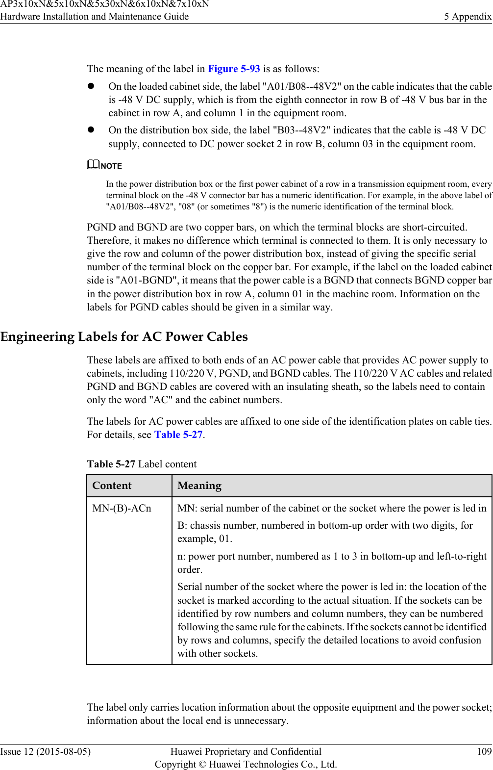  The meaning of the label in Figure 5-93 is as follows:lOn the loaded cabinet side, the label &quot;A01/B08--48V2&quot; on the cable indicates that the cableis -48 V DC supply, which is from the eighth connector in row B of -48 V bus bar in thecabinet in row A, and column 1 in the equipment room.lOn the distribution box side, the label &quot;B03--48V2&quot; indicates that the cable is -48 V DCsupply, connected to DC power socket 2 in row B, column 03 in the equipment room.NOTEIn the power distribution box or the first power cabinet of a row in a transmission equipment room, everyterminal block on the -48 V connector bar has a numeric identification. For example, in the above label of&quot;A01/B08--48V2&quot;, &quot;08&quot; (or sometimes &quot;8&quot;) is the numeric identification of the terminal block.PGND and BGND are two copper bars, on which the terminal blocks are short-circuited.Therefore, it makes no difference which terminal is connected to them. It is only necessary togive the row and column of the power distribution box, instead of giving the specific serialnumber of the terminal block on the copper bar. For example, if the label on the loaded cabinetside is &quot;A01-BGND&quot;, it means that the power cable is a BGND that connects BGND copper barin the power distribution box in row A, column 01 in the machine room. Information on thelabels for PGND cables should be given in a similar way.Engineering Labels for AC Power CablesThese labels are affixed to both ends of an AC power cable that provides AC power supply tocabinets, including 110/220 V, PGND, and BGND cables. The 110/220 V AC cables and relatedPGND and BGND cables are covered with an insulating sheath, so the labels need to containonly the word &quot;AC&quot; and the cabinet numbers.The labels for AC power cables are affixed to one side of the identification plates on cable ties.For details, see Table 5-27.Table 5-27 Label contentContent MeaningMN-(B)-ACn MN: serial number of the cabinet or the socket where the power is led inB: chassis number, numbered in bottom-up order with two digits, forexample, 01.n: power port number, numbered as 1 to 3 in bottom-up and left-to-rightorder.Serial number of the socket where the power is led in: the location of thesocket is marked according to the actual situation. If the sockets can beidentified by row numbers and column numbers, they can be numberedfollowing the same rule for the cabinets. If the sockets cannot be identifiedby rows and columns, specify the detailed locations to avoid confusionwith other sockets. The label only carries location information about the opposite equipment and the power socket;information about the local end is unnecessary.AP3x10xN&amp;5x10xN&amp;5x30xN&amp;6x10xN&amp;7x10xNHardware Installation and Maintenance Guide 5 AppendixIssue 12 (2015-08-05) Huawei Proprietary and ConfidentialCopyright © Huawei Technologies Co., Ltd.109