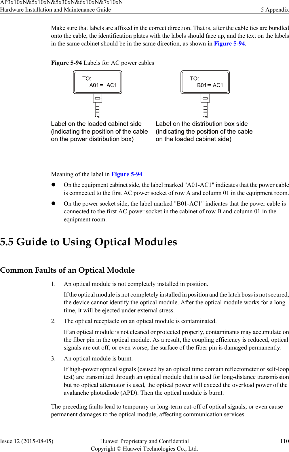 Make sure that labels are affixed in the correct direction. That is, after the cable ties are bundledonto the cable, the identification plates with the labels should face up, and the text on the labelsin the same cabinet should be in the same direction, as shown in Figure 5-94.Figure 5-94 Labels for AC power cablesLabel on the loaded cabinet side(indicating the position of the cableon the power distribution box)Label on the distribution box side(indicating the position of the cableon the loaded cabinet side) Meaning of the label in Figure 5-94.lOn the equipment cabinet side, the label marked &quot;A01-AC1&quot; indicates that the power cableis connected to the first AC power socket of row A and column 01 in the equipment room.lOn the power socket side, the label marked &quot;B01-AC1&quot; indicates that the power cable isconnected to the first AC power socket in the cabinet of row B and column 01 in theequipment room.5.5 Guide to Using Optical ModulesCommon Faults of an Optical Module1. An optical module is not completely installed in position.If the optical module is not completely installed in position and the latch boss is not secured,the device cannot identify the optical module. After the optical module works for a longtime, it will be ejected under external stress.2. The optical receptacle on an optical module is contaminated.If an optical module is not cleaned or protected properly, contaminants may accumulate onthe fiber pin in the optical module. As a result, the coupling efficiency is reduced, opticalsignals are cut off, or even worse, the surface of the fiber pin is damaged permanently.3. An optical module is burnt.If high-power optical signals (caused by an optical time domain reflectometer or self-looptest) are transmitted through an optical module that is used for long-distance transmissionbut no optical attenuator is used, the optical power will exceed the overload power of theavalanche photodiode (APD). Then the optical module is burnt.The preceding faults lead to temporary or long-term cut-off of optical signals; or even causepermanent damages to the optical module, affecting communication services.AP3x10xN&amp;5x10xN&amp;5x30xN&amp;6x10xN&amp;7x10xNHardware Installation and Maintenance Guide 5 AppendixIssue 12 (2015-08-05) Huawei Proprietary and ConfidentialCopyright © Huawei Technologies Co., Ltd.110