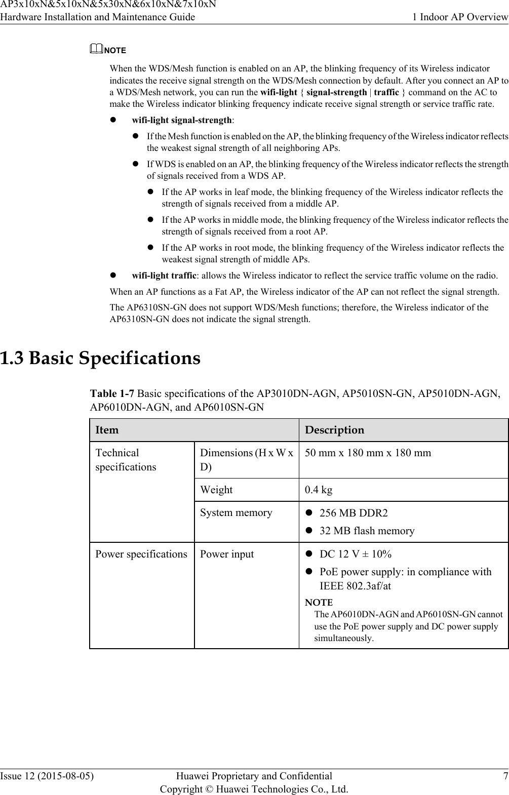 NOTEWhen the WDS/Mesh function is enabled on an AP, the blinking frequency of its Wireless indicatorindicates the receive signal strength on the WDS/Mesh connection by default. After you connect an AP toa WDS/Mesh network, you can run the wifi-light { signal-strength | traffic } command on the AC tomake the Wireless indicator blinking frequency indicate receive signal strength or service traffic rate.lwifi-light signal-strength:lIf the Mesh function is enabled on the AP, the blinking frequency of the Wireless indicator reflectsthe weakest signal strength of all neighboring APs.lIf WDS is enabled on an AP, the blinking frequency of the Wireless indicator reflects the strengthof signals received from a WDS AP.lIf the AP works in leaf mode, the blinking frequency of the Wireless indicator reflects thestrength of signals received from a middle AP.lIf the AP works in middle mode, the blinking frequency of the Wireless indicator reflects thestrength of signals received from a root AP.lIf the AP works in root mode, the blinking frequency of the Wireless indicator reflects theweakest signal strength of middle APs.lwifi-light traffic: allows the Wireless indicator to reflect the service traffic volume on the radio.When an AP functions as a Fat AP, the Wireless indicator of the AP can not reflect the signal strength.The AP6310SN-GN does not support WDS/Mesh functions; therefore, the Wireless indicator of theAP6310SN-GN does not indicate the signal strength.1.3 Basic SpecificationsTable 1-7 Basic specifications of the AP3010DN-AGN, AP5010SN-GN, AP5010DN-AGN,AP6010DN-AGN, and AP6010SN-GNItem DescriptionTechnicalspecificationsDimensions (H x W xD)50 mm x 180 mm x 180 mmWeight 0.4 kgSystem memory l256 MB DDR2l32 MB flash memoryPower specifications Power input lDC 12 V ± 10%lPoE power supply: in compliance withIEEE 802.3af/atNOTEThe AP6010DN-AGN and AP6010SN-GN cannotuse the PoE power supply and DC power supplysimultaneously.AP3x10xN&amp;5x10xN&amp;5x30xN&amp;6x10xN&amp;7x10xNHardware Installation and Maintenance Guide 1 Indoor AP OverviewIssue 12 (2015-08-05) Huawei Proprietary and ConfidentialCopyright © Huawei Technologies Co., Ltd.7