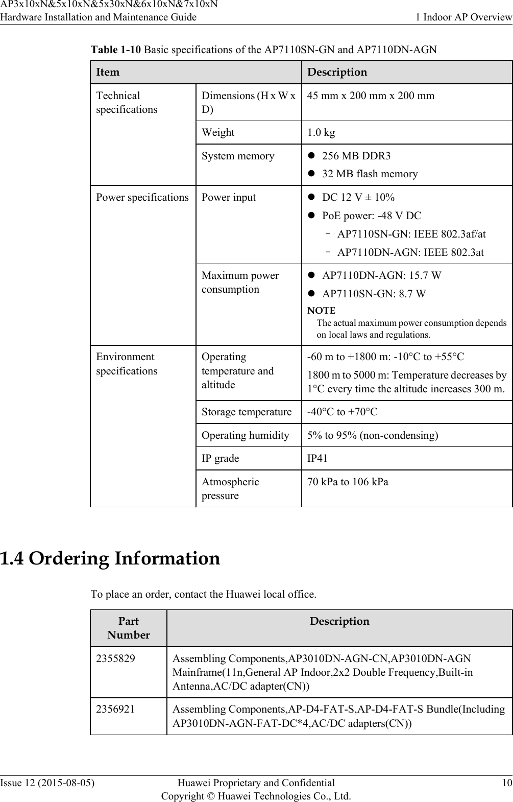 Table 1-10 Basic specifications of the AP7110SN-GN and AP7110DN-AGNItem DescriptionTechnicalspecificationsDimensions (H x W xD)45 mm x 200 mm x 200 mmWeight 1.0 kgSystem memory l256 MB DDR3l32 MB flash memoryPower specifications Power input lDC 12 V ± 10%lPoE power: -48 V DC–AP7110SN-GN: IEEE 802.3af/at–AP7110DN-AGN: IEEE 802.3atMaximum powerconsumptionlAP7110DN-AGN: 15.7 WlAP7110SN-GN: 8.7 WNOTEThe actual maximum power consumption dependson local laws and regulations.EnvironmentspecificationsOperatingtemperature andaltitude-60 m to +1800 m: -10°C to +55°C1800 m to 5000 m: Temperature decreases by1°C every time the altitude increases 300 m.Storage temperature -40°C to +70°COperating humidity 5% to 95% (non-condensing)IP grade IP41Atmosphericpressure70 kPa to 106 kPa 1.4 Ordering InformationTo place an order, contact the Huawei local office.PartNumberDescription2355829 Assembling Components,AP3010DN-AGN-CN,AP3010DN-AGNMainframe(11n,General AP Indoor,2x2 Double Frequency,Built-inAntenna,AC/DC adapter(CN))2356921 Assembling Components,AP-D4-FAT-S,AP-D4-FAT-S Bundle(IncludingAP3010DN-AGN-FAT-DC*4,AC/DC adapters(CN))AP3x10xN&amp;5x10xN&amp;5x30xN&amp;6x10xN&amp;7x10xNHardware Installation and Maintenance Guide 1 Indoor AP OverviewIssue 12 (2015-08-05) Huawei Proprietary and ConfidentialCopyright © Huawei Technologies Co., Ltd.10