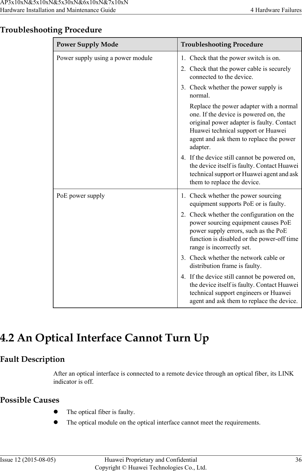 Troubleshooting ProcedurePower Supply Mode Troubleshooting ProcedurePower supply using a power module 1. Check that the power switch is on.2. Check that the power cable is securelyconnected to the device.3. Check whether the power supply isnormal.Replace the power adapter with a normalone. If the device is powered on, theoriginal power adapter is faulty. ContactHuawei technical support or Huaweiagent and ask them to replace the poweradapter.4. If the device still cannot be powered on,the device itself is faulty. Contact Huaweitechnical support or Huawei agent and askthem to replace the device.PoE power supply 1. Check whether the power sourcingequipment supports PoE or is faulty.2. Check whether the configuration on thepower sourcing equipment causes PoEpower supply errors, such as the PoEfunction is disabled or the power-off timerange is incorrectly set.3. Check whether the network cable ordistribution frame is faulty.4. If the device still cannot be powered on,the device itself is faulty. Contact Huaweitechnical support engineers or Huaweiagent and ask them to replace the device. 4.2 An Optical Interface Cannot Turn UpFault DescriptionAfter an optical interface is connected to a remote device through an optical fiber, its LINKindicator is off.Possible CauseslThe optical fiber is faulty.lThe optical module on the optical interface cannot meet the requirements.AP3x10xN&amp;5x10xN&amp;5x30xN&amp;6x10xN&amp;7x10xNHardware Installation and Maintenance Guide 4 Hardware FailuresIssue 12 (2015-08-05) Huawei Proprietary and ConfidentialCopyright © Huawei Technologies Co., Ltd.36