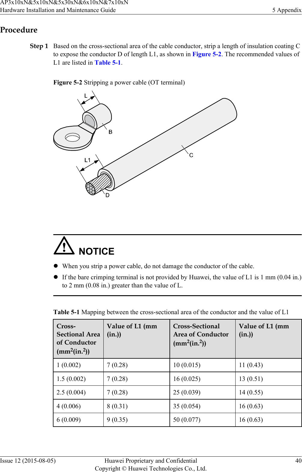 ProcedureStep 1 Based on the cross-sectional area of the cable conductor, strip a length of insulation coating Cto expose the conductor D of length L1, as shown in Figure 5-2. The recommended values ofL1 are listed in Table 5-1.Figure 5-2 Stripping a power cable (OT terminal) NOTICElWhen you strip a power cable, do not damage the conductor of the cable.lIf the bare crimping terminal is not provided by Huawei, the value of L1 is 1 mm (0.04 in.)to 2 mm (0.08 in.) greater than the value of L.Table 5-1 Mapping between the cross-sectional area of the conductor and the value of L1Cross-Sectional Areaof Conductor(mm2(in.2))Value of L1 (mm(in.))Cross-SectionalArea of Conductor(mm2(in.2))Value of L1 (mm(in.))1 (0.002) 7 (0.28) 10 (0.015) 11 (0.43)1.5 (0.002) 7 (0.28) 16 (0.025) 13 (0.51)2.5 (0.004) 7 (0.28) 25 (0.039) 14 (0.55)4 (0.006) 8 (0.31) 35 (0.054) 16 (0.63)6 (0.009) 9 (0.35) 50 (0.077) 16 (0.63) AP3x10xN&amp;5x10xN&amp;5x30xN&amp;6x10xN&amp;7x10xNHardware Installation and Maintenance Guide 5 AppendixIssue 12 (2015-08-05) Huawei Proprietary and ConfidentialCopyright © Huawei Technologies Co., Ltd.40