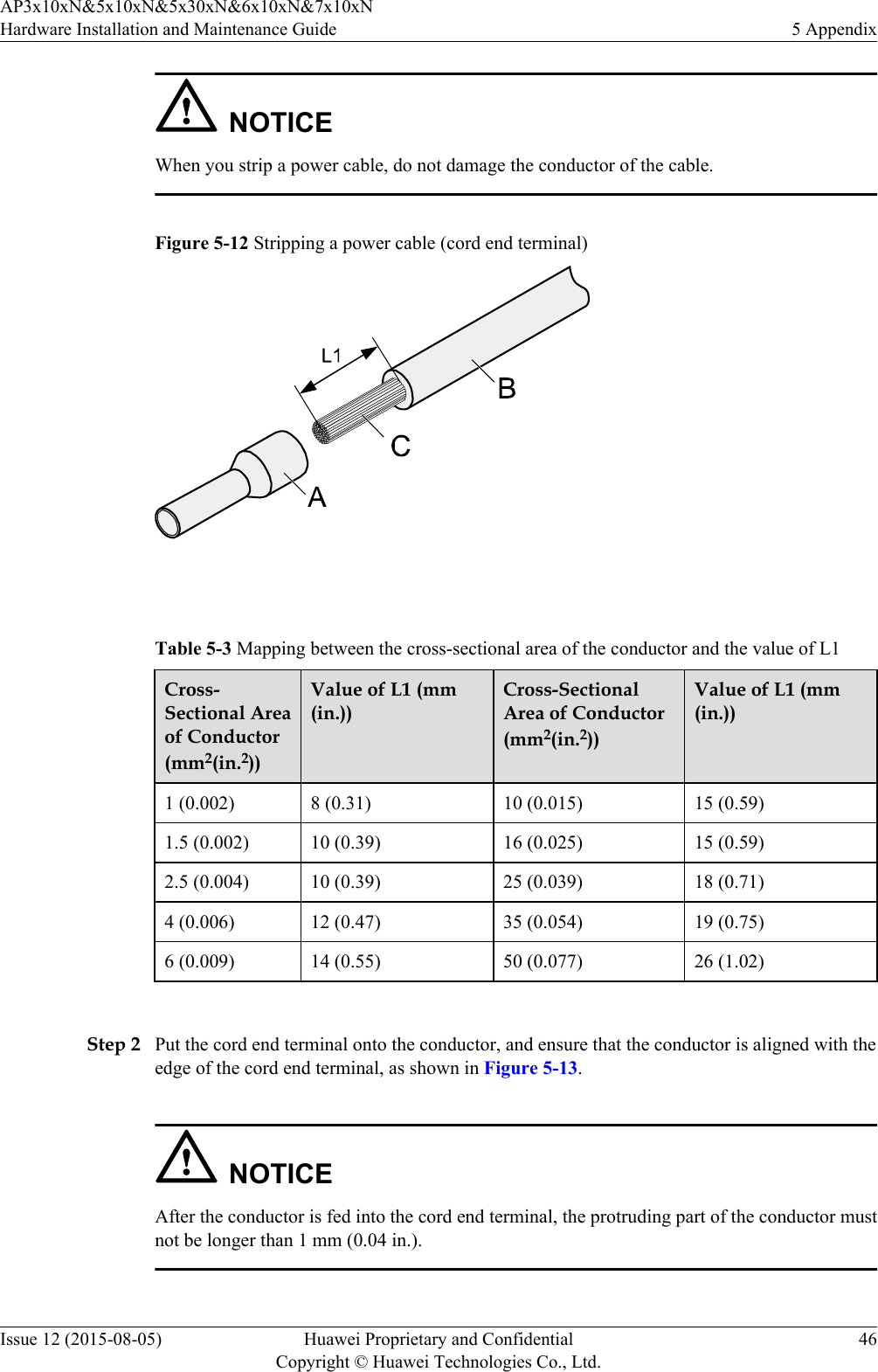 NOTICEWhen you strip a power cable, do not damage the conductor of the cable.Figure 5-12 Stripping a power cable (cord end terminal) Table 5-3 Mapping between the cross-sectional area of the conductor and the value of L1Cross-Sectional Areaof Conductor(mm2(in.2))Value of L1 (mm(in.))Cross-SectionalArea of Conductor(mm2(in.2))Value of L1 (mm(in.))1 (0.002) 8 (0.31) 10 (0.015) 15 (0.59)1.5 (0.002) 10 (0.39) 16 (0.025) 15 (0.59)2.5 (0.004) 10 (0.39) 25 (0.039) 18 (0.71)4 (0.006) 12 (0.47) 35 (0.054) 19 (0.75)6 (0.009) 14 (0.55) 50 (0.077) 26 (1.02) Step 2 Put the cord end terminal onto the conductor, and ensure that the conductor is aligned with theedge of the cord end terminal, as shown in Figure 5-13.NOTICEAfter the conductor is fed into the cord end terminal, the protruding part of the conductor mustnot be longer than 1 mm (0.04 in.).AP3x10xN&amp;5x10xN&amp;5x30xN&amp;6x10xN&amp;7x10xNHardware Installation and Maintenance Guide 5 AppendixIssue 12 (2015-08-05) Huawei Proprietary and ConfidentialCopyright © Huawei Technologies Co., Ltd.46