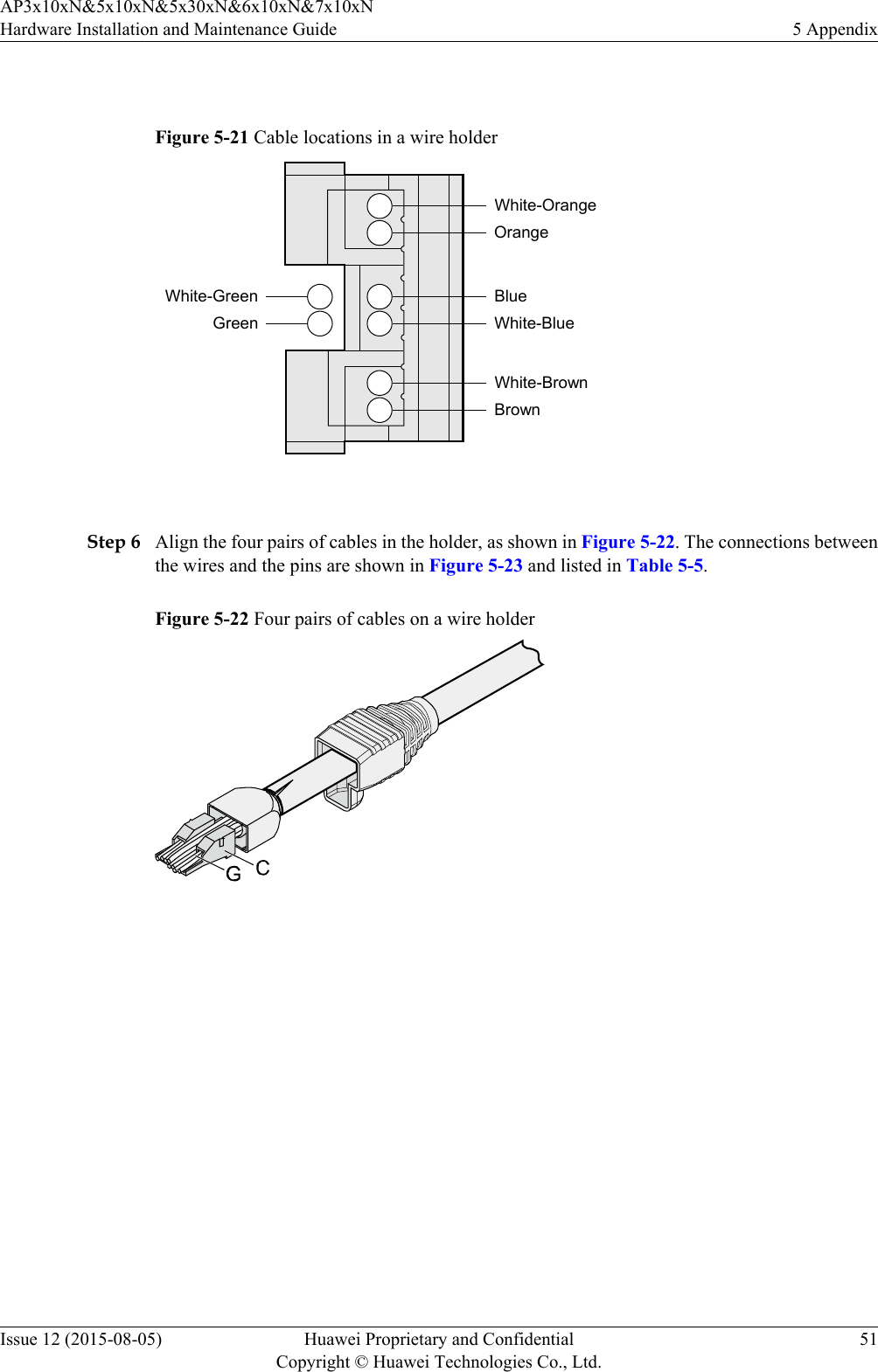  Figure 5-21 Cable locations in a wire holderWhite-GreenGreenWhite-OrangeOrangeBlueWhite-BlueWhite-BrownBrown Step 6 Align the four pairs of cables in the holder, as shown in Figure 5-22. The connections betweenthe wires and the pins are shown in Figure 5-23 and listed in Table 5-5.Figure 5-22 Four pairs of cables on a wire holder AP3x10xN&amp;5x10xN&amp;5x30xN&amp;6x10xN&amp;7x10xNHardware Installation and Maintenance Guide 5 AppendixIssue 12 (2015-08-05) Huawei Proprietary and ConfidentialCopyright © Huawei Technologies Co., Ltd.51