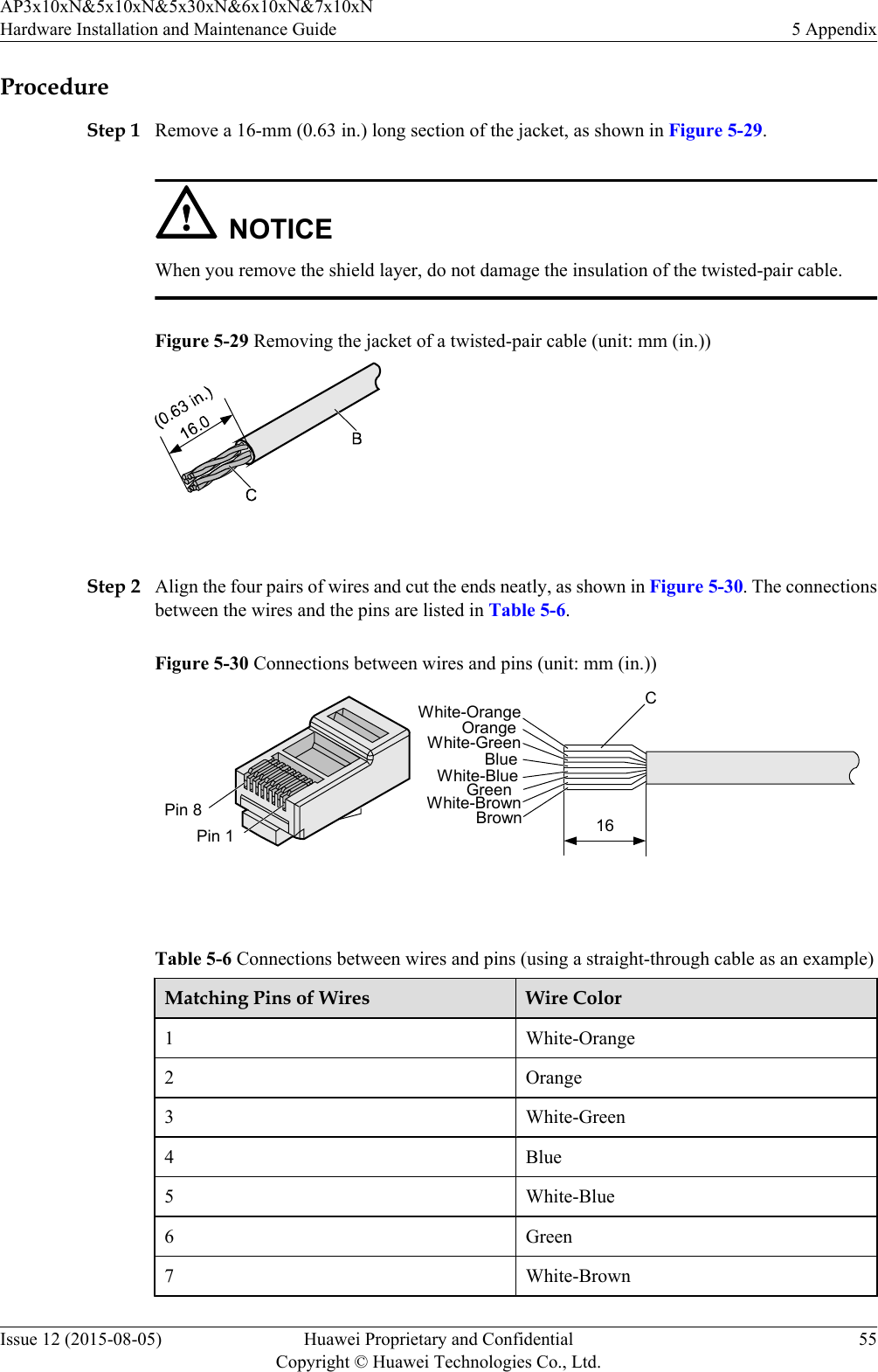 ProcedureStep 1 Remove a 16-mm (0.63 in.) long section of the jacket, as shown in Figure 5-29.NOTICEWhen you remove the shield layer, do not damage the insulation of the twisted-pair cable.Figure 5-29 Removing the jacket of a twisted-pair cable (unit: mm (in.)) Step 2 Align the four pairs of wires and cut the ends neatly, as shown in Figure 5-30. The connectionsbetween the wires and the pins are listed in Table 5-6.Figure 5-30 Connections between wires and pins (unit: mm (in.))C16White-OrangeWhite-GreenOrangeBlueWhite-BlueGreenWhite-BrownBrownPin 8Pin 1 Table 5-6 Connections between wires and pins (using a straight-through cable as an example)Matching Pins of Wires Wire Color1White-Orange2 Orange3 White-Green4 Blue5 White-Blue6 Green7 White-BrownAP3x10xN&amp;5x10xN&amp;5x30xN&amp;6x10xN&amp;7x10xNHardware Installation and Maintenance Guide 5 AppendixIssue 12 (2015-08-05) Huawei Proprietary and ConfidentialCopyright © Huawei Technologies Co., Ltd.55
