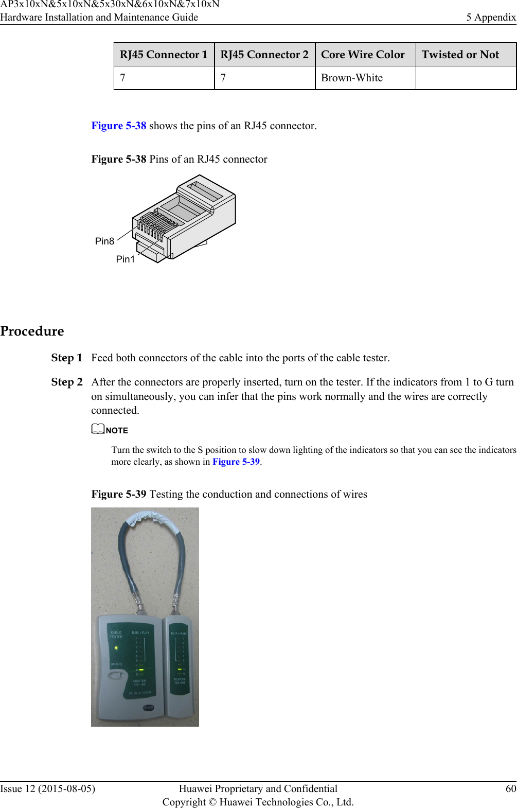 RJ45 Connector 1 RJ45 Connector 2 Core Wire Color Twisted or Not7 7 Brown-White Figure 5-38 shows the pins of an RJ45 connector.Figure 5-38 Pins of an RJ45 connectorPin8Pin1 ProcedureStep 1 Feed both connectors of the cable into the ports of the cable tester.Step 2 After the connectors are properly inserted, turn on the tester. If the indicators from 1 to G turnon simultaneously, you can infer that the pins work normally and the wires are correctlyconnected.NOTETurn the switch to the S position to slow down lighting of the indicators so that you can see the indicatorsmore clearly, as shown in Figure 5-39.Figure 5-39 Testing the conduction and connections of wires AP3x10xN&amp;5x10xN&amp;5x30xN&amp;6x10xN&amp;7x10xNHardware Installation and Maintenance Guide 5 AppendixIssue 12 (2015-08-05) Huawei Proprietary and ConfidentialCopyright © Huawei Technologies Co., Ltd.60