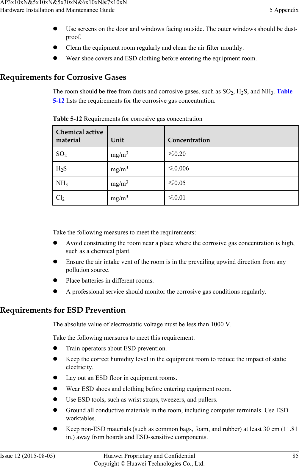 lUse screens on the door and windows facing outside. The outer windows should be dust-proof.lClean the equipment room regularly and clean the air filter monthly.lWear shoe covers and ESD clothing before entering the equipment room.Requirements for Corrosive GasesThe room should be free from dusts and corrosive gases, such as SO2, H2S, and NH3. Table5-12 lists the requirements for the corrosive gas concentration.Table 5-12 Requirements for corrosive gas concentrationChemical activematerial Unit ConcentrationSO2mg/m3≤0.20H2Smg/m3≤0.006NH3mg/m3≤0.05Cl2mg/m3≤0.01 Take the following measures to meet the requirements:lAvoid constructing the room near a place where the corrosive gas concentration is high,such as a chemical plant.lEnsure the air intake vent of the room is in the prevailing upwind direction from anypollution source.lPlace batteries in different rooms.lA professional service should monitor the corrosive gas conditions regularly.Requirements for ESD PreventionThe absolute value of electrostatic voltage must be less than 1000 V.Take the following measures to meet this requirement:lTrain operators about ESD prevention.lKeep the correct humidity level in the equipment room to reduce the impact of staticelectricity.lLay out an ESD floor in equipment rooms.lWear ESD shoes and clothing before entering equipment room.lUse ESD tools, such as wrist straps, tweezers, and pullers.lGround all conductive materials in the room, including computer terminals. Use ESDworktables.lKeep non-ESD materials (such as common bags, foam, and rubber) at least 30 cm (11.81in.) away from boards and ESD-sensitive components.AP3x10xN&amp;5x10xN&amp;5x30xN&amp;6x10xN&amp;7x10xNHardware Installation and Maintenance Guide 5 AppendixIssue 12 (2015-08-05) Huawei Proprietary and ConfidentialCopyright © Huawei Technologies Co., Ltd.85