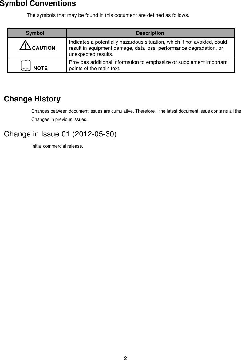 Change HistoryChanges between document issues are cumulative. Therefore，the latest document issue contains all theChanges in previous issues.Change in Issue 01 (2012-05-30)Initial commercial release.Symbol ConventionsThe symbols that may be found in this document are defined as follows.Symbol DescriptionNOTECAUTION Indicates a potentially hazardous situation, which if not avoided, could result in equipment damage, data loss, performance degradation, or unexpected results.Provides additional information to emphasize or supplement important points of the main text.2