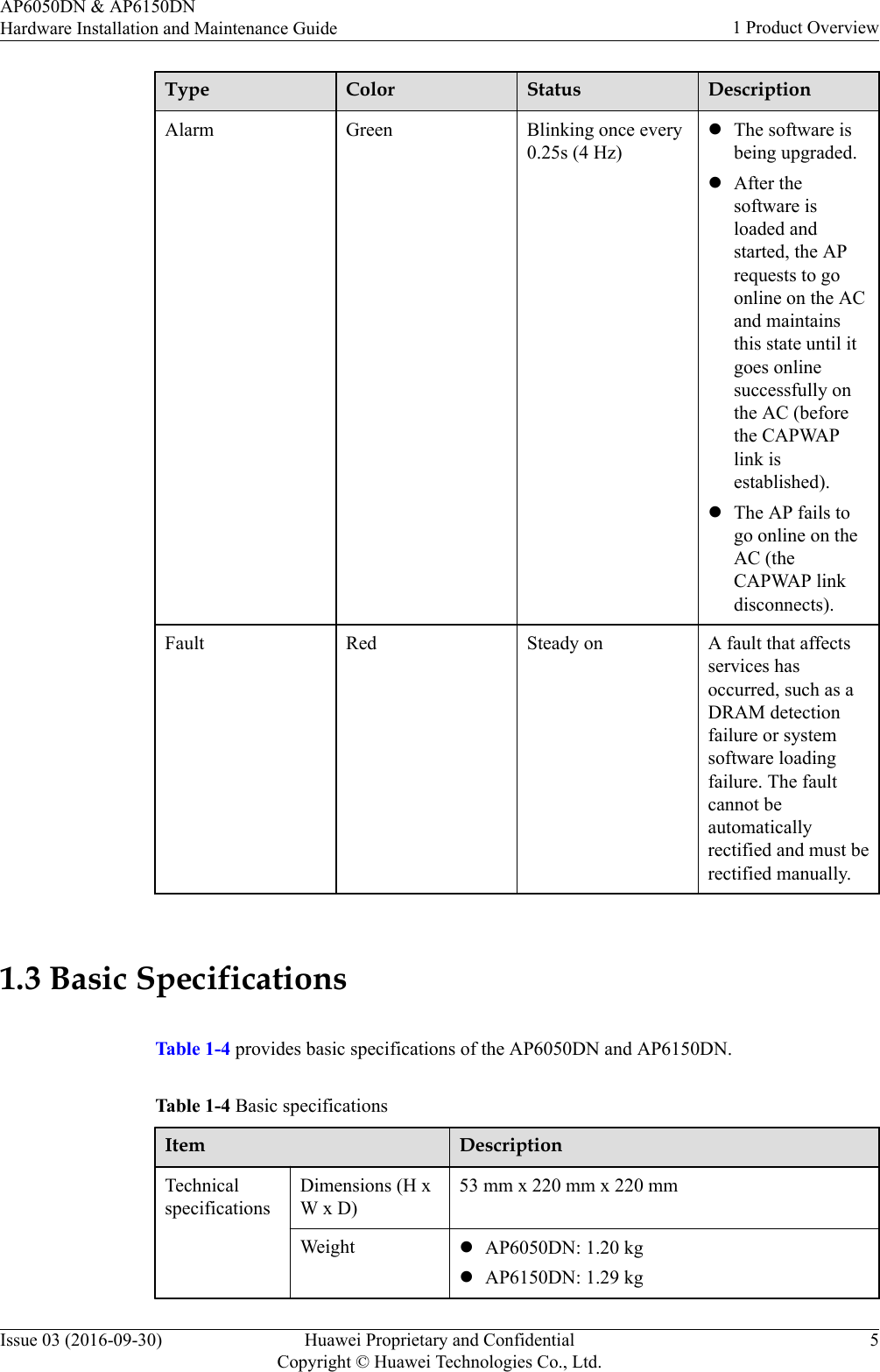 Type Color Status DescriptionAlarm Green Blinking once every0.25s (4 Hz)lThe software isbeing upgraded.lAfter thesoftware isloaded andstarted, the APrequests to goonline on the ACand maintainsthis state until itgoes onlinesuccessfully onthe AC (beforethe CAPWAPlink isestablished).lThe AP fails togo online on theAC (theCAPWAP linkdisconnects).Fault Red Steady on A fault that affectsservices hasoccurred, such as aDRAM detectionfailure or systemsoftware loadingfailure. The faultcannot beautomaticallyrectified and must berectified manually. 1.3 Basic SpecificationsTable 1-4 provides basic specifications of the AP6050DN and AP6150DN.Table 1-4 Basic specificationsItem DescriptionTechnicalspecificationsDimensions (H xW x D)53 mm x 220 mm x 220 mmWeight lAP6050DN: 1.20 kglAP6150DN: 1.29 kgAP6050DN &amp; AP6150DNHardware Installation and Maintenance Guide 1 Product OverviewIssue 03 (2016-09-30) Huawei Proprietary and ConfidentialCopyright © Huawei Technologies Co., Ltd.5