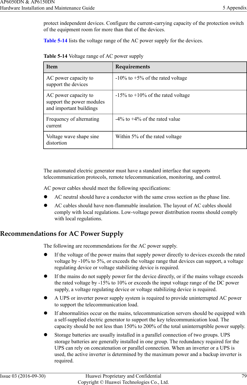 protect independent devices. Configure the current-carrying capacity of the protection switchof the equipment room for more than that of the devices.Table 5-14 lists the voltage range of the AC power supply for the devices.Table 5-14 Voltage range of AC power supplyItem RequirementsAC power capacity tosupport the devices-10% to +5% of the rated voltageAC power capacity tosupport the power modulesand important buildings-15% to +10% of the rated voltageFrequency of alternatingcurrent-4% to +4% of the rated valueVoltage wave shape sinedistortionWithin 5% of the rated voltage The automated electric generator must have a standard interface that supportstelecommunication protocols, remote telecommunication, monitoring, and control.AC power cables should meet the following specifications:lAC neutral should have a conductor with the same cross section as the phase line.lAC cables should have non-flammable insulation. The layout of AC cables shouldcomply with local regulations. Low-voltage power distribution rooms should complywith local regulations.Recommendations for AC Power SupplyThe following are recommendations for the AC power supply.lIf the voltage of the power mains that supply power directly to devices exceeds the ratedvoltage by -10% to 5%, or exceeds the voltage range that devices can support, a voltageregulating device or voltage stabilizing device is required.lIf the mains do not supply power for the device directly, or if the mains voltage exceedsthe rated voltage by -15% to 10% or exceeds the input voltage range of the DC powersupply, a voltage regulating device or voltage stabilizing device is required.lA UPS or inverter power supply system is required to provide uninterrupted AC powerto support the telecommunication load.lIf abnormalities occur on the mains, telecommunication servers should be equipped witha self-supplied electric generator to support the key telecommunication load. Thecapacity should be not less than 150% to 200% of the total uninterruptible power supply.lStorage batteries are usually installed in a parallel connection of two groups. UPSstorage batteries are generally installed in one group. The redundancy required for theUPS can rely on concatenation or parallel connection. When an inverter or a UPS isused, the active inverter is determined by the maximum power and a backup inverter isrequired.AP6050DN &amp; AP6150DNHardware Installation and Maintenance Guide 5 AppendixIssue 03 (2016-09-30) Huawei Proprietary and ConfidentialCopyright © Huawei Technologies Co., Ltd.79