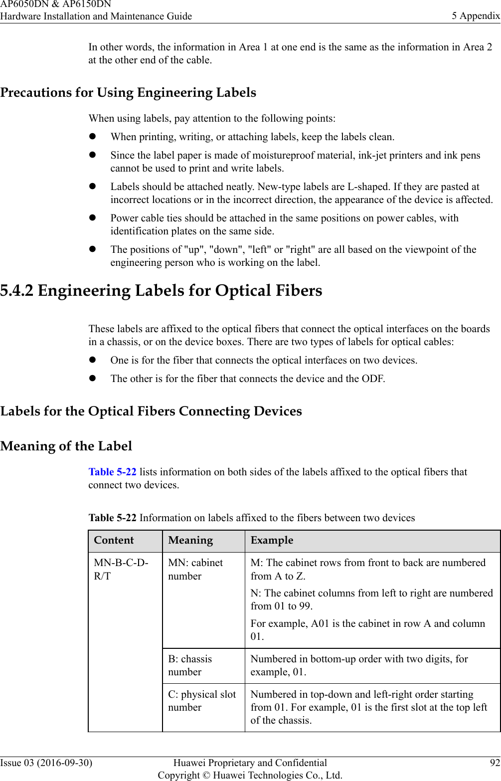 In other words, the information in Area 1 at one end is the same as the information in Area 2at the other end of the cable.Precautions for Using Engineering LabelsWhen using labels, pay attention to the following points:lWhen printing, writing, or attaching labels, keep the labels clean.lSince the label paper is made of moistureproof material, ink-jet printers and ink penscannot be used to print and write labels.lLabels should be attached neatly. New-type labels are L-shaped. If they are pasted atincorrect locations or in the incorrect direction, the appearance of the device is affected.lPower cable ties should be attached in the same positions on power cables, withidentification plates on the same side.lThe positions of &quot;up&quot;, &quot;down&quot;, &quot;left&quot; or &quot;right&quot; are all based on the viewpoint of theengineering person who is working on the label.5.4.2 Engineering Labels for Optical FibersThese labels are affixed to the optical fibers that connect the optical interfaces on the boardsin a chassis, or on the device boxes. There are two types of labels for optical cables:lOne is for the fiber that connects the optical interfaces on two devices.lThe other is for the fiber that connects the device and the ODF.Labels for the Optical Fibers Connecting DevicesMeaning of the LabelTable 5-22 lists information on both sides of the labels affixed to the optical fibers thatconnect two devices.Table 5-22 Information on labels affixed to the fibers between two devicesContent Meaning ExampleMN-B-C-D-R/TMN: cabinetnumberM: The cabinet rows from front to back are numberedfrom A to Z.N: The cabinet columns from left to right are numberedfrom 01 to 99.For example, A01 is the cabinet in row A and column01.B: chassisnumberNumbered in bottom-up order with two digits, forexample, 01.C: physical slotnumberNumbered in top-down and left-right order startingfrom 01. For example, 01 is the first slot at the top leftof the chassis.AP6050DN &amp; AP6150DNHardware Installation and Maintenance Guide 5 AppendixIssue 03 (2016-09-30) Huawei Proprietary and ConfidentialCopyright © Huawei Technologies Co., Ltd.92