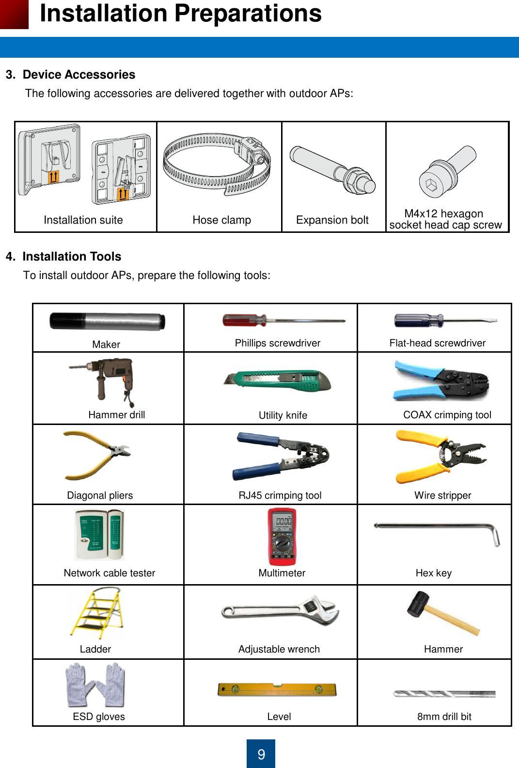 9 Installation Preparations 3.  Device Accessories      The following accessories are delivered together with outdoor APs:       4.  Installation Tools       To install outdoor APs, prepare the following tools:                Phillips screwdriver  Flat-head screwdriver Utility knife Wire stripper Network cable tester  Multimeter Adjustable wrench Maker RJ45 crimping tool Diagonal pliers Ladder COAX crimping tool Hammer drill Hammer ESD gloves  Level  8mm drill bit      M4x12 hexagon  socket head cap screw Installation suite  Hose clamp   Expansion bolt Hex key 