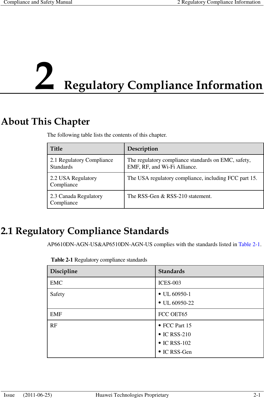 Compliance and Safety Manual 2 Regulatory Compliance Information  Issue      (2011-06-25) Huawei Technologies Proprietary 2-1  2 Regulatory Compliance Information About This Chapter The following table lists the contents of this chapter. Title Description 2.1 Regulatory Compliance Standards The regulatory compliance standards on EMC, safety, EMF, RF, and Wi-Fi Alliance. 2.2 USA Regulatory Compliance The USA regulatory compliance, including FCC part 15. 2.3 Canada Regulatory Compliance The RSS-Gen &amp; RSS-210 statement. 2.1 Regulatory Compliance Standards AP6610DN-AGN-US&amp;AP6510DN-AGN-US complies with the standards listed in Table 2-1. Table 2-1 Regulatory compliance standards Discipline Standards EMC ICES-003 Safety  UL 60950-1  UL 60950-22 EMF FCC OET65 RF  FCC Part 15  IC RSS-210  IC RSS-102  IC RSS-Gen 