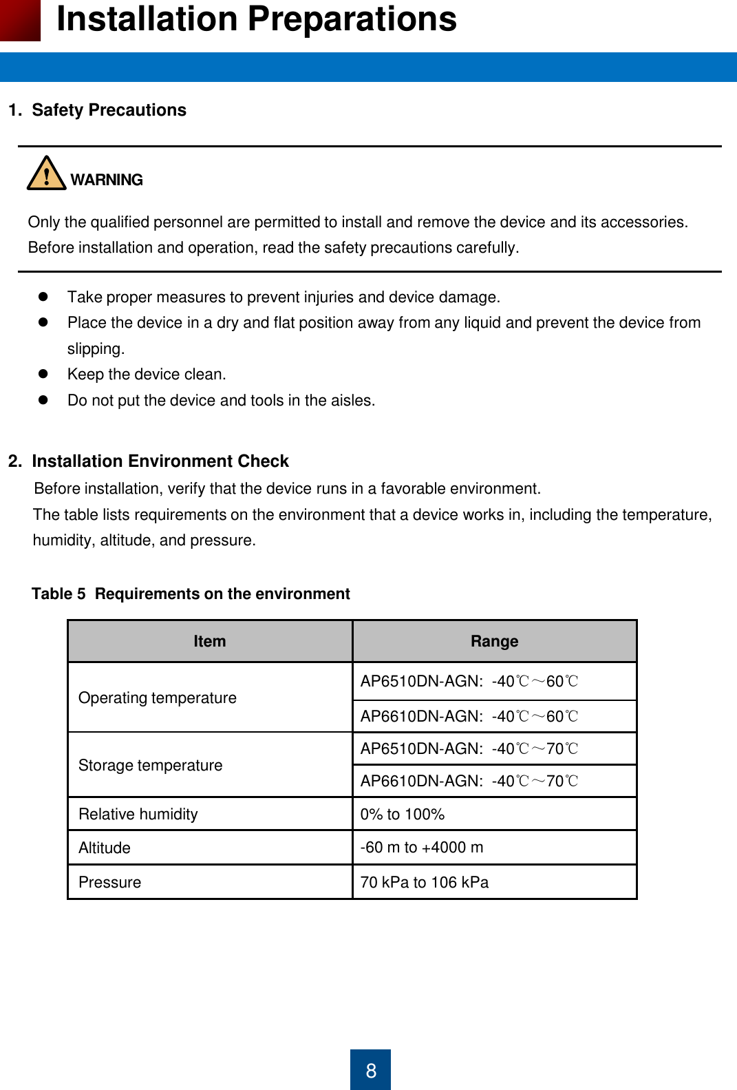 8 Installation Preparations 1.  Safety Precautions          2.  Installation Environment Check       Before installation, verify that the device runs in a favorable environment.  The table lists requirements on the environment that a device works in, including the temperature,  humidity, altitude, and pressure.     Table 5  Requirements on the environment                                 Only the qualified personnel are permitted to install and remove the device and its accessories. Before installation and operation, read the safety precautions carefully.  Take proper measures to prevent injuries and device damage.  Place the device in a dry and flat position away from any liquid and prevent the device from slipping. Keep the device clean. Do not put the device and tools in the aisles. Item Range Operating temperature AP6510DN-AGN:  -40℃～60℃ AP6610DN-AGN:  -40℃～60℃ Storage temperature AP6510DN-AGN:  -40℃～70℃ AP6610DN-AGN:  -40℃～70℃ Relative humidity 0% to 100% Altitude -60 m to +4000 m Pressure 70 kPa to 106 kPa WARNING