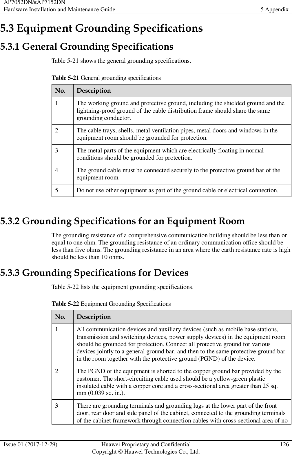 AP7052DN&amp;AP7152DN Hardware Installation and Maintenance Guide 5 Appendix  Issue 01 (2017-12-29) Huawei Proprietary and Confidential                                     Copyright © Huawei Technologies Co., Ltd. 126  5.3 Equipment Grounding Specifications 5.3.1 General Grounding Specifications Table 5-21 shows the general grounding specifications. Table 5-21 General grounding specifications No. Description 1 The working ground and protective ground, including the shielded ground and the lightning-proof ground of the cable distribution frame should share the same grounding conductor. 2 The cable trays, shells, metal ventilation pipes, metal doors and windows in the equipment room should be grounded for protection. 3 The metal parts of the equipment which are electrically floating in normal conditions should be grounded for protection. 4 The ground cable must be connected securely to the protective ground bar of the equipment room. 5 Do not use other equipment as part of the ground cable or electrical connection.  5.3.2 Grounding Specifications for an Equipment Room The grounding resistance of a comprehensive communication building should be less than or equal to one ohm. The grounding resistance of an ordinary communication office should be less than five ohms. The grounding resistance in an area where the earth resistance rate is high should be less than 10 ohms. 5.3.3 Grounding Specifications for Devices Table 5-22 lists the equipment grounding specifications. Table 5-22 Equipment Grounding Specifications No. Description 1 All communication devices and auxiliary devices (such as mobile base stations, transmission and switching devices, power supply devices) in the equipment room should be grounded for protection. Connect all protective ground for various devices jointly to a general ground bar, and then to the same protective ground bar in the room together with the protective ground (PGND) of the device. 2 The PGND of the equipment is shorted to the copper ground bar provided by the customer. The short-circuiting cable used should be a yellow-green plastic insulated cable with a copper core and a cross-sectional area greater than 25 sq. mm (0.039 sq. in.). 3 There are grounding terminals and grounding lugs at the lower part of the front door, rear door and side panel of the cabinet, connected to the grounding terminals of the cabinet framework through connection cables with cross-sectional area of no 