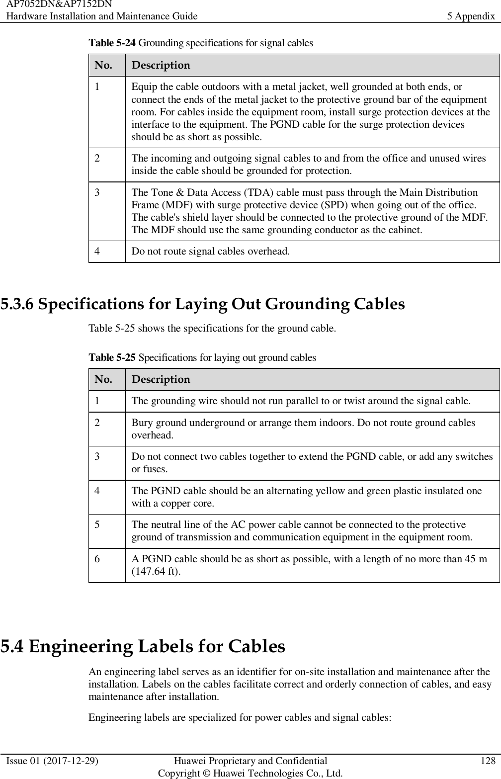AP7052DN&amp;AP7152DN Hardware Installation and Maintenance Guide 5 Appendix  Issue 01 (2017-12-29) Huawei Proprietary and Confidential                                     Copyright © Huawei Technologies Co., Ltd. 128  Table 5-24 Grounding specifications for signal cables No. Description 1 Equip the cable outdoors with a metal jacket, well grounded at both ends, or connect the ends of the metal jacket to the protective ground bar of the equipment room. For cables inside the equipment room, install surge protection devices at the interface to the equipment. The PGND cable for the surge protection devices should be as short as possible. 2 The incoming and outgoing signal cables to and from the office and unused wires inside the cable should be grounded for protection. 3 The Tone &amp; Data Access (TDA) cable must pass through the Main Distribution Frame (MDF) with surge protective device (SPD) when going out of the office. The cable&apos;s shield layer should be connected to the protective ground of the MDF. The MDF should use the same grounding conductor as the cabinet. 4 Do not route signal cables overhead.  5.3.6 Specifications for Laying Out Grounding Cables Table 5-25 shows the specifications for the ground cable. Table 5-25 Specifications for laying out ground cables No. Description 1 The grounding wire should not run parallel to or twist around the signal cable. 2 Bury ground underground or arrange them indoors. Do not route ground cables overhead. 3 Do not connect two cables together to extend the PGND cable, or add any switches or fuses. 4 The PGND cable should be an alternating yellow and green plastic insulated one with a copper core. 5 The neutral line of the AC power cable cannot be connected to the protective ground of transmission and communication equipment in the equipment room. 6 A PGND cable should be as short as possible, with a length of no more than 45 m (147.64 ft).  5.4 Engineering Labels for Cables An engineering label serves as an identifier for on-site installation and maintenance after the installation. Labels on the cables facilitate correct and orderly connection of cables, and easy maintenance after installation. Engineering labels are specialized for power cables and signal cables: 