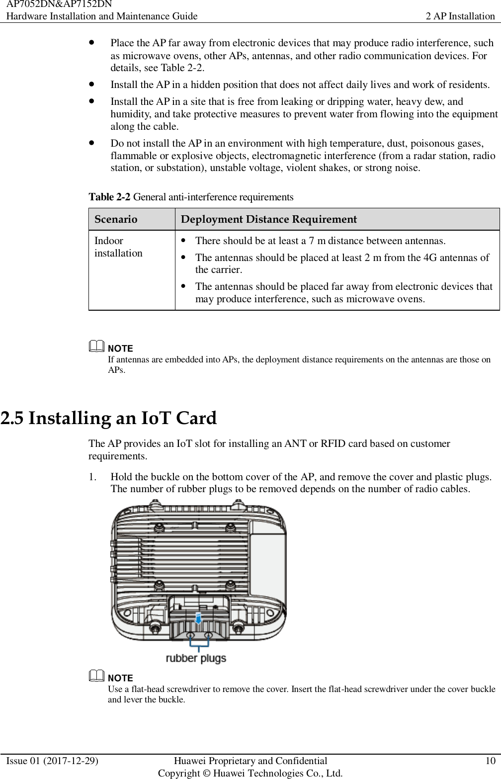 AP7052DN&amp;AP7152DN Hardware Installation and Maintenance Guide 2 AP Installation  Issue 01 (2017-12-29) Huawei Proprietary and Confidential                                     Copyright © Huawei Technologies Co., Ltd. 10   Place the AP far away from electronic devices that may produce radio interference, such as microwave ovens, other APs, antennas, and other radio communication devices. For details, see Table 2-2.  Install the AP in a hidden position that does not affect daily lives and work of residents.  Install the AP in a site that is free from leaking or dripping water, heavy dew, and humidity, and take protective measures to prevent water from flowing into the equipment along the cable.  Do not install the AP in an environment with high temperature, dust, poisonous gases, flammable or explosive objects, electromagnetic interference (from a radar station, radio station, or substation), unstable voltage, violent shakes, or strong noise. Table 2-2 General anti-interference requirements Scenario Deployment Distance Requirement Indoor installation  There should be at least a 7 m distance between antennas.  The antennas should be placed at least 2 m from the 4G antennas of the carrier.  The antennas should be placed far away from electronic devices that may produce interference, such as microwave ovens.   If antennas are embedded into APs, the deployment distance requirements on the antennas are those on APs. 2.5 Installing an IoT Card The AP provides an IoT slot for installing an ANT or RFID card based on customer requirements. 1. Hold the buckle on the bottom cover of the AP, and remove the cover and plastic plugs. The number of rubber plugs to be removed depends on the number of radio cables.   Use a flat-head screwdriver to remove the cover. Insert the flat-head screwdriver under the cover buckle and lever the buckle. 