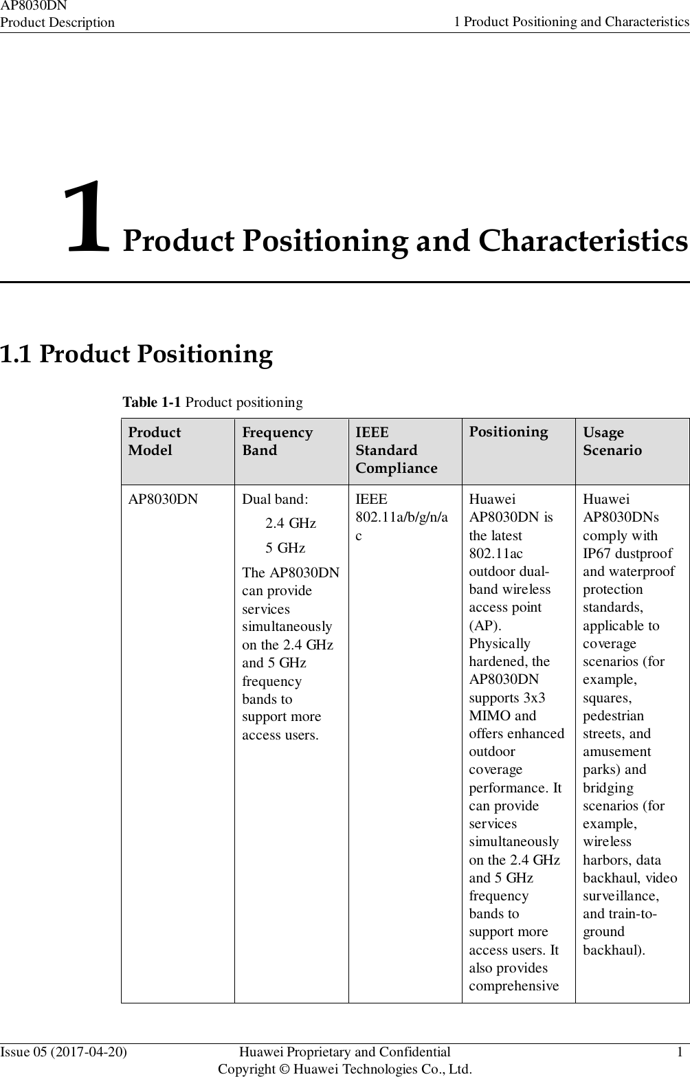AP8030DN Product Description 1 Product Positioning and Characteristics Issue 05 (2017-04-20) Huawei Proprietary and Confidential Copyright © Huawei Technologies Co., Ltd. 1    1Product Positioning and Characteristics     1.1 Product Positioning  Table 1-1 Product positioning  Product Model Frequency Band IEEE Standard Compliance Positioning Usage Scenario AP8030DN Dual band: 2.4 GHz 5 GHz The AP8030DN can provide services simultaneously on the 2.4 GHz and 5 GHz frequency bands to support more access users. IEEE 802.11a/b/g/n/a c Huawei AP8030DN is the latest 802.11ac outdoor dual- band wireless access point (AP). Physically hardened, the AP8030DN supports 3x3 MIMO and offers enhanced outdoor coverage performance. It can provide services simultaneously on the 2.4 GHz and 5 GHz frequency bands to support more access users. It also provides comprehensive Huawei AP8030DNs comply with IP67 dustproof and waterproof protection standards, applicable to coverage scenarios (for example, squares, pedestrian streets, and amusement parks) and bridging scenarios (for example, wireless harbors, data backhaul, video surveillance, and train-to- ground backhaul). 