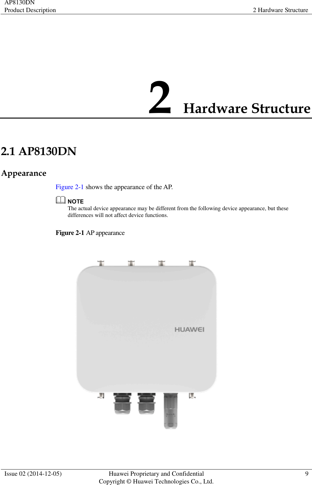 AP8130DN Product Description 2 Hardware Structure  Issue 02 (2014-12-05) Huawei Proprietary and Confidential                                     Copyright © Huawei Technologies Co., Ltd. 9  2 Hardware Structure 2.1 AP8130DN Appearance Figure 2-1 shows the appearance of the AP.  The actual device appearance may be different from the following device appearance, but these differences will not affect device functions. Figure 2-1 AP appearance  