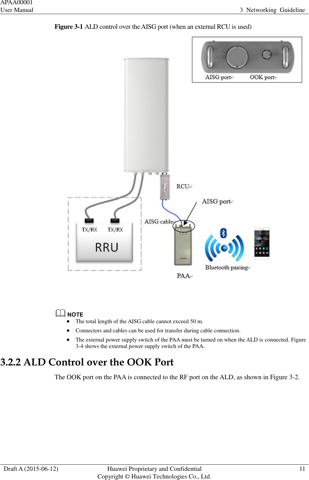 APAA00001 User Manual 3  Networking  Guideline  Draft A (2015-06-12) Huawei Proprietary and Confidential           Copyright © Huawei Technologies Co., Ltd. 11  Figure 3-1 ALD control over the AISG port (when an external RCU is used)     The total length of the AISG cable cannot exceed 50 m.    Connectors and cables can be used for transfer during cable connection.    The external power supply switch of the PAA must be turned on when the ALD is connected. Figure 3-4 shows the external power supply switch of the PAA.   3.2.2 ALD Control over the OOK Port The OOK port on the PAA is connected to the RF port on the ALD, as shown in Figure 3-2. 