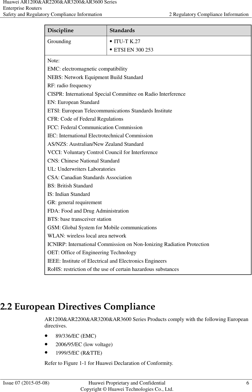 Huawei AR1200&amp;AR2200&amp;AR3200&amp;AR3600 Series Enterprise Routers Safety and Regulatory Compliance Information 2 Regulatory Compliance Information  Issue 07 (2015-05-08) Huawei Proprietary and Confidential           Copyright © Huawei Technologies Co., Ltd. 6  Discipline Standards Grounding  ITU-T K.27  ETSI EN 300 253 Note: EMC: electromagnetic compatibility NEBS: Network Equipment Build Standard RF: radio frequency CISPR: International Special Committee on Radio Interference EN: European Standard ETSI: European Telecommunications Standards Institute CFR: Code of Federal Regulations FCC: Federal Communication Commission IEC: International Electrotechnical Commission AS/NZS: Australian/New Zealand Standard VCCI: Voluntary Control Council for Interference CNS: Chinese National Standard UL: Underwriters Laboratories CSA: Canadian Standards Association BS: British Standard IS: Indian Standard GR: general requirement FDA: Food and Drug Administration BTS: base transceiver station GSM: Global System for Mobile communications WLAN: wireless local area network ICNIRP: International Commission on Non-Ionizing Radiation Protection OET: Office of Engineering Technology IEEE: Institute of Electrical and Electronics Engineers RoHS: restriction of the use of certain hazardous substances  2.2 European Directives Compliance AR1200&amp;AR2200&amp;AR3200&amp;AR3600 Series Products comply with the following European directives.    89/336/EC (EMC)  2006/95/EC (low voltage)  1999/5/EC (R&amp;TTE) Refer to Figure 1-1 for Huawei Declaration of Conformity. 