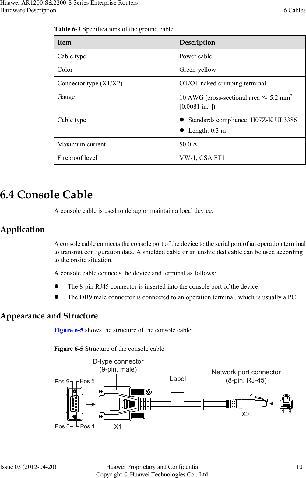 Table 6-3 Specifications of the ground cableItem DescriptionCable type Power cableColor Green-yellowConnector type (X1/X2) OT/OT naked crimping terminalGauge 10 AWG (cross-sectional area ≈ 5.2 mm2[0.0081 in.2])Cable type lStandards compliance: H07Z-K UL3386lLength: 0.3 mMaximum current 50.0 AFireproof level VW-1, CSA FT1 6.4 Console CableA console cable is used to debug or maintain a local device.ApplicationA console cable connects the console port of the device to the serial port of an operation terminalto transmit configuration data. A shielded cable or an unshielded cable can be used accordingto the onsite situation.A console cable connects the device and terminal as follows:lThe 8-pin RJ45 connector is inserted into the console port of the device.lThe DB9 male connector is connected to an operation terminal, which is usually a PC.Appearance and StructureFigure 6-5 shows the structure of the console cable.Figure 6-5 Structure of the console cableX1Pos.1Pos.9Pos.6Pos.5X2 1 8Network port connector(8-pin, RJ-45)D-type connector(9-pin, male)Label Huawei AR1200-S&amp;2200-S Series Enterprise RoutersHardware Description 6 CablesIssue 03 (2012-04-20) Huawei Proprietary and ConfidentialCopyright © Huawei Technologies Co., Ltd.101