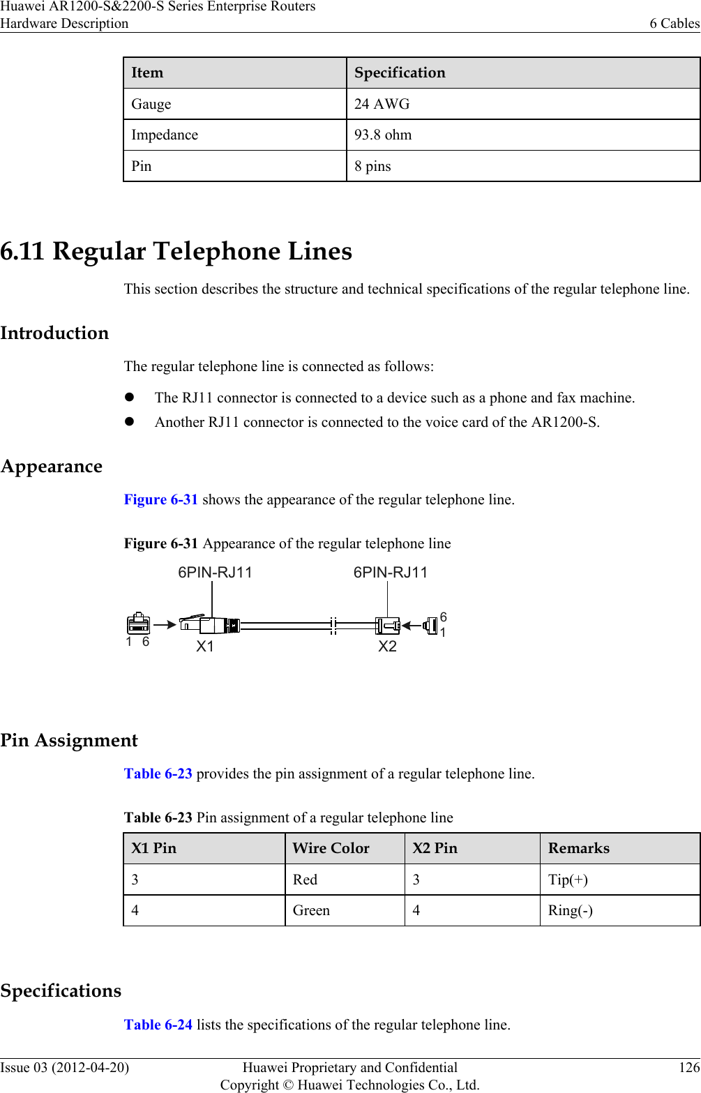 Item SpecificationGauge 24 AWGImpedance 93.8 ohmPin 8 pins 6.11 Regular Telephone LinesThis section describes the structure and technical specifications of the regular telephone line.IntroductionThe regular telephone line is connected as follows:lThe RJ11 connector is connected to a device such as a phone and fax machine.lAnother RJ11 connector is connected to the voice card of the AR1200-S.AppearanceFigure 6-31 shows the appearance of the regular telephone line.Figure 6-31 Appearance of the regular telephone lineX11 6 X2166PIN-RJ11 6PIN-RJ11 Pin AssignmentTable 6-23 provides the pin assignment of a regular telephone line.Table 6-23 Pin assignment of a regular telephone lineX1 Pin Wire Color X2 Pin Remarks3Red 3 Tip(+)4 Green 4 Ring(-) SpecificationsTable 6-24 lists the specifications of the regular telephone line.Huawei AR1200-S&amp;2200-S Series Enterprise RoutersHardware Description 6 CablesIssue 03 (2012-04-20) Huawei Proprietary and ConfidentialCopyright © Huawei Technologies Co., Ltd.126