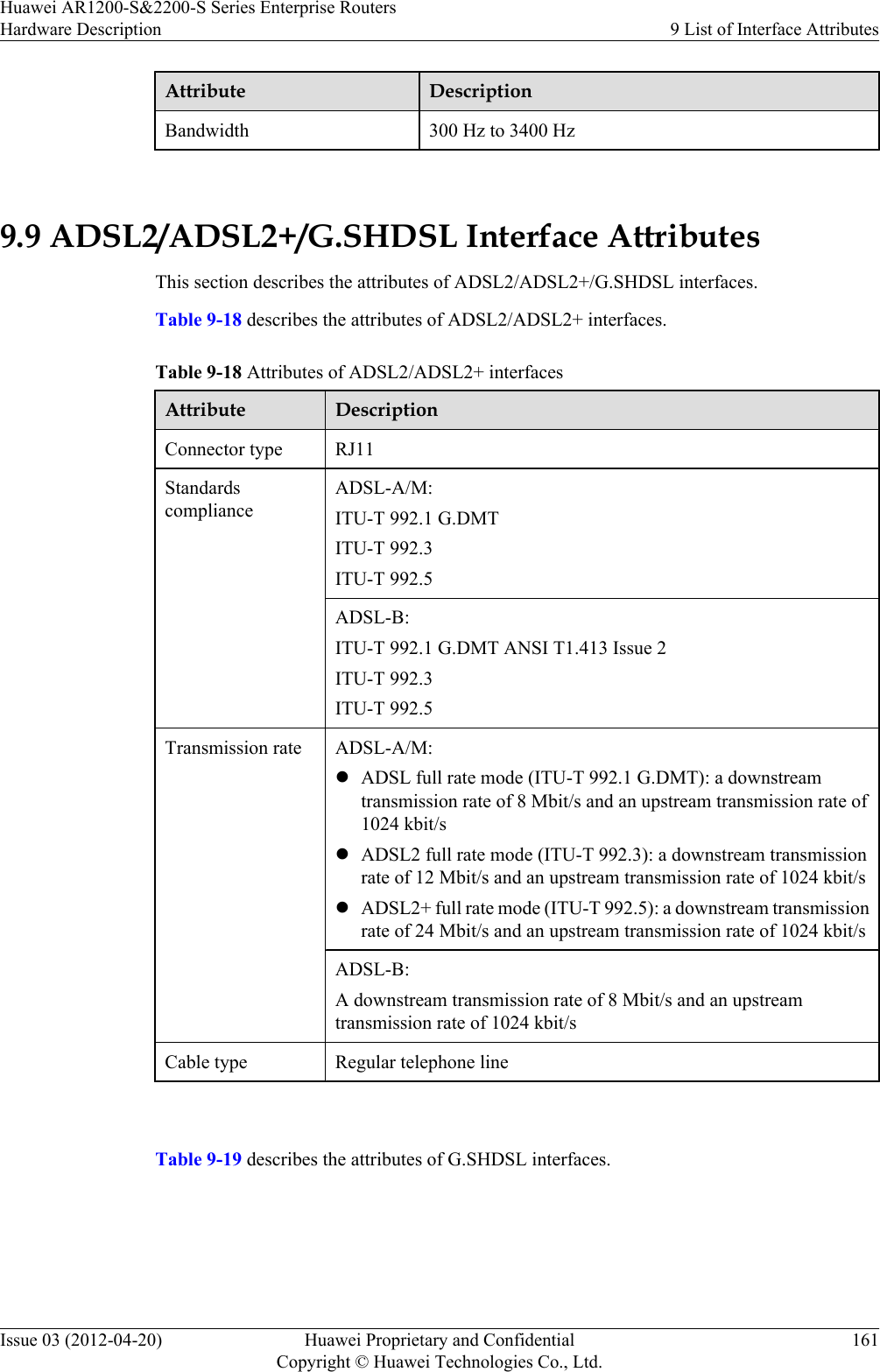 Attribute DescriptionBandwidth 300 Hz to 3400 Hz 9.9 ADSL2/ADSL2+/G.SHDSL Interface AttributesThis section describes the attributes of ADSL2/ADSL2+/G.SHDSL interfaces.Table 9-18 describes the attributes of ADSL2/ADSL2+ interfaces.Table 9-18 Attributes of ADSL2/ADSL2+ interfacesAttribute DescriptionConnector type RJ11StandardscomplianceADSL-A/M:ITU-T 992.1 G.DMTITU-T 992.3ITU-T 992.5ADSL-B:ITU-T 992.1 G.DMT ANSI T1.413 Issue 2ITU-T 992.3ITU-T 992.5Transmission rate ADSL-A/M:lADSL full rate mode (ITU-T 992.1 G.DMT): a downstreamtransmission rate of 8 Mbit/s and an upstream transmission rate of1024 kbit/slADSL2 full rate mode (ITU-T 992.3): a downstream transmissionrate of 12 Mbit/s and an upstream transmission rate of 1024 kbit/slADSL2+ full rate mode (ITU-T 992.5): a downstream transmissionrate of 24 Mbit/s and an upstream transmission rate of 1024 kbit/sADSL-B:A downstream transmission rate of 8 Mbit/s and an upstreamtransmission rate of 1024 kbit/sCable type Regular telephone line Table 9-19 describes the attributes of G.SHDSL interfaces.Huawei AR1200-S&amp;2200-S Series Enterprise RoutersHardware Description 9 List of Interface AttributesIssue 03 (2012-04-20) Huawei Proprietary and ConfidentialCopyright © Huawei Technologies Co., Ltd.161