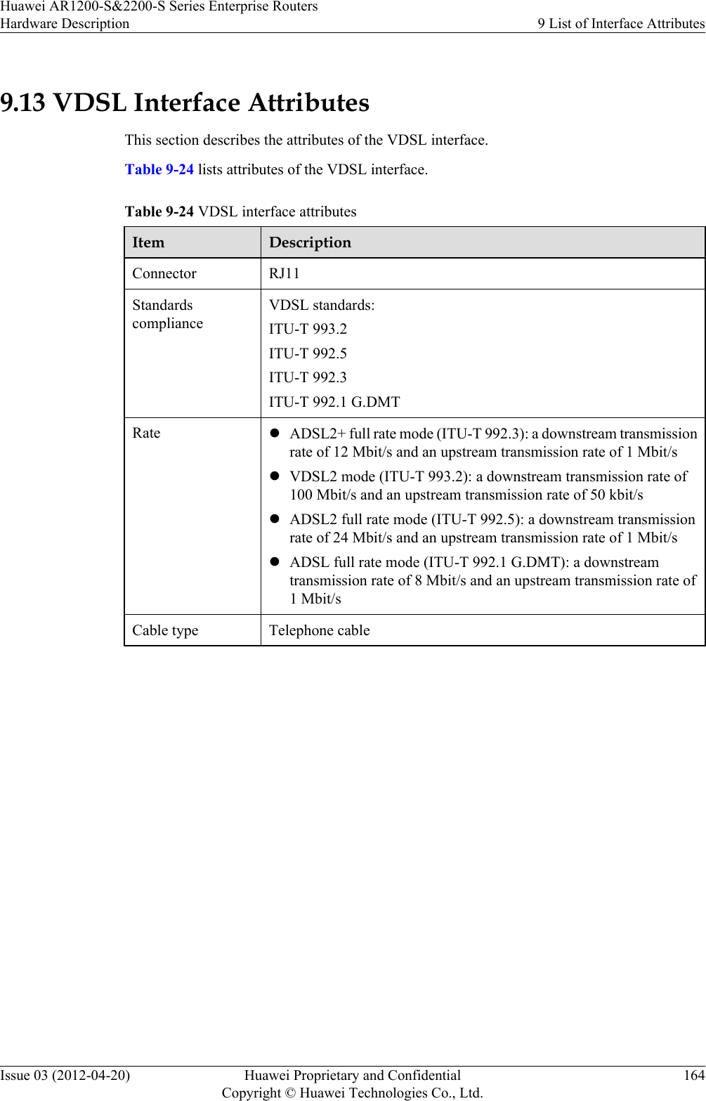 9.13 VDSL Interface AttributesThis section describes the attributes of the VDSL interface.Table 9-24 lists attributes of the VDSL interface.Table 9-24 VDSL interface attributesItem DescriptionConnector RJ11StandardscomplianceVDSL standards:ITU-T 993.2ITU-T 992.5ITU-T 992.3ITU-T 992.1 G.DMTRate lADSL2+ full rate mode (ITU-T 992.3): a downstream transmissionrate of 12 Mbit/s and an upstream transmission rate of 1 Mbit/slVDSL2 mode (ITU-T 993.2): a downstream transmission rate of100 Mbit/s and an upstream transmission rate of 50 kbit/slADSL2 full rate mode (ITU-T 992.5): a downstream transmissionrate of 24 Mbit/s and an upstream transmission rate of 1 Mbit/slADSL full rate mode (ITU-T 992.1 G.DMT): a downstreamtransmission rate of 8 Mbit/s and an upstream transmission rate of1 Mbit/sCable type Telephone cable Huawei AR1200-S&amp;2200-S Series Enterprise RoutersHardware Description 9 List of Interface AttributesIssue 03 (2012-04-20) Huawei Proprietary and ConfidentialCopyright © Huawei Technologies Co., Ltd.164