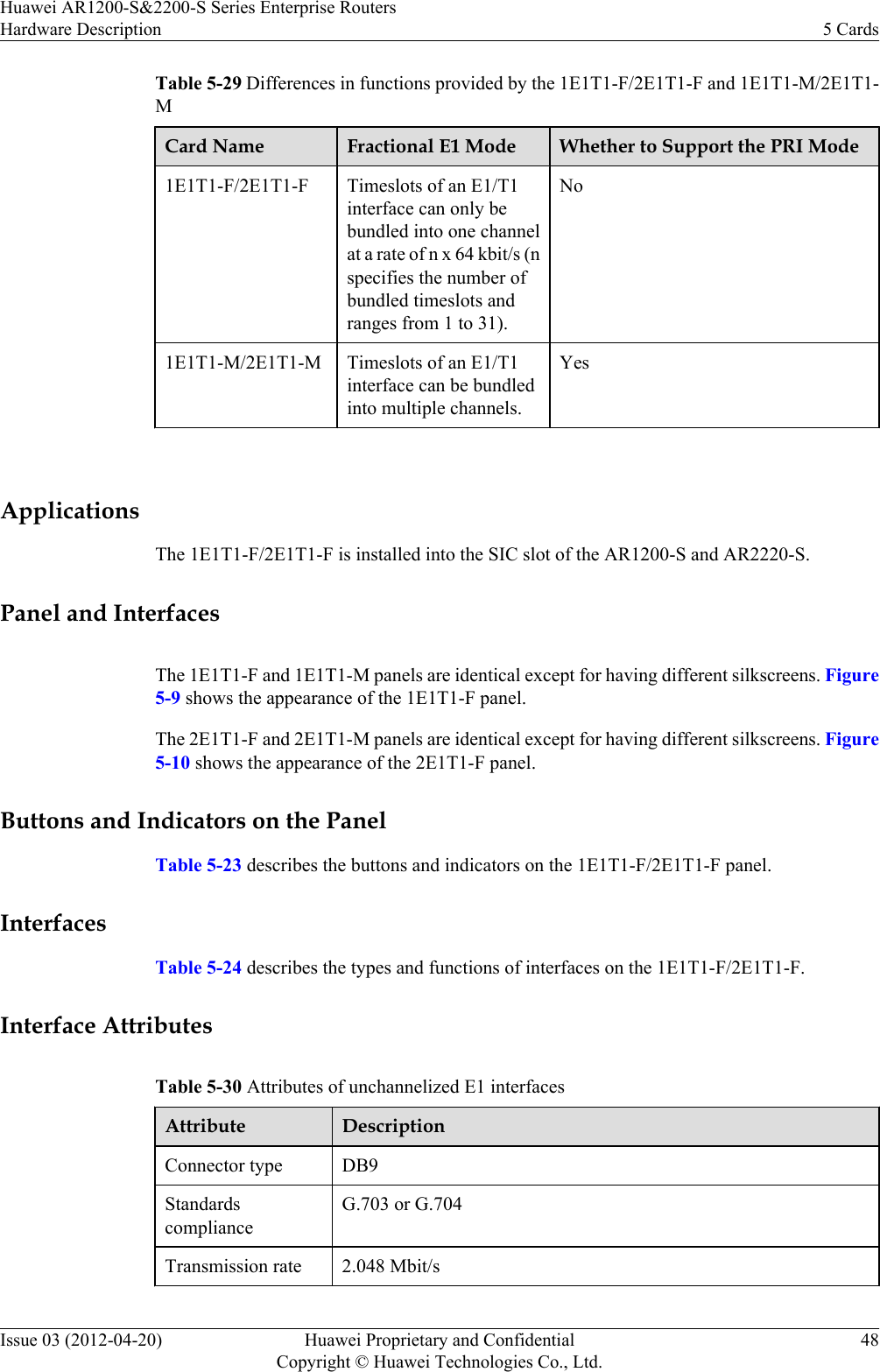 Table 5-29 Differences in functions provided by the 1E1T1-F/2E1T1-F and 1E1T1-M/2E1T1-MCard Name Fractional E1 Mode Whether to Support the PRI Mode1E1T1-F/2E1T1-F Timeslots of an E1/T1interface can only bebundled into one channelat a rate of n x 64 kbit/s (nspecifies the number ofbundled timeslots andranges from 1 to 31).No1E1T1-M/2E1T1-M Timeslots of an E1/T1interface can be bundledinto multiple channels.Yes ApplicationsThe 1E1T1-F/2E1T1-F is installed into the SIC slot of the AR1200-S and AR2220-S.Panel and InterfacesThe 1E1T1-F and 1E1T1-M panels are identical except for having different silkscreens. Figure5-9 shows the appearance of the 1E1T1-F panel.The 2E1T1-F and 2E1T1-M panels are identical except for having different silkscreens. Figure5-10 shows the appearance of the 2E1T1-F panel.Buttons and Indicators on the PanelTable 5-23 describes the buttons and indicators on the 1E1T1-F/2E1T1-F panel.InterfacesTable 5-24 describes the types and functions of interfaces on the 1E1T1-F/2E1T1-F.Interface AttributesTable 5-30 Attributes of unchannelized E1 interfacesAttribute DescriptionConnector type DB9StandardscomplianceG.703 or G.704Transmission rate 2.048 Mbit/sHuawei AR1200-S&amp;2200-S Series Enterprise RoutersHardware Description 5 CardsIssue 03 (2012-04-20) Huawei Proprietary and ConfidentialCopyright © Huawei Technologies Co., Ltd.48