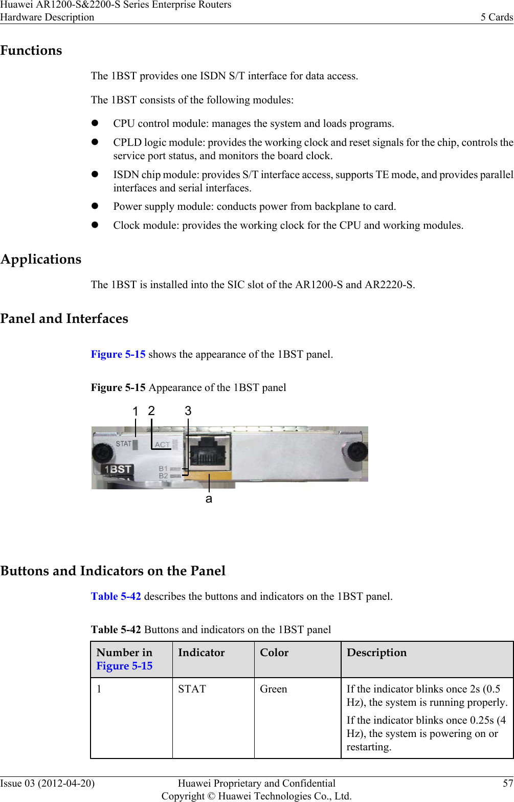 FunctionsThe 1BST provides one ISDN S/T interface for data access.The 1BST consists of the following modules:lCPU control module: manages the system and loads programs.lCPLD logic module: provides the working clock and reset signals for the chip, controls theservice port status, and monitors the board clock.lISDN chip module: provides S/T interface access, supports TE mode, and provides parallelinterfaces and serial interfaces.lPower supply module: conducts power from backplane to card.lClock module: provides the working clock for the CPU and working modules.ApplicationsThe 1BST is installed into the SIC slot of the AR1200-S and AR2220-S.Panel and InterfacesFigure 5-15 shows the appearance of the 1BST panel.Figure 5-15 Appearance of the 1BST panela213 Buttons and Indicators on the PanelTable 5-42 describes the buttons and indicators on the 1BST panel.Table 5-42 Buttons and indicators on the 1BST panelNumber inFigure 5-15Indicator Color Description1STAT Green If the indicator blinks once 2s (0.5Hz), the system is running properly.If the indicator blinks once 0.25s (4Hz), the system is powering on orrestarting.Huawei AR1200-S&amp;2200-S Series Enterprise RoutersHardware Description 5 CardsIssue 03 (2012-04-20) Huawei Proprietary and ConfidentialCopyright © Huawei Technologies Co., Ltd.57