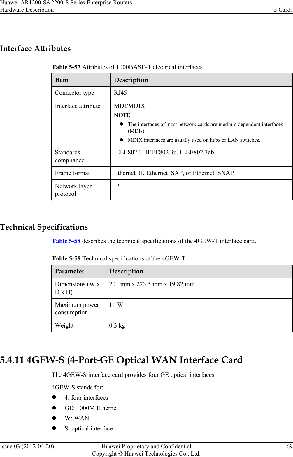  Interface AttributesTable 5-57 Attributes of 1000BASE-T electrical interfacesItem DescriptionConnector type RJ45Interface attribute MDI/MDIXNOTElThe interfaces of most network cards are medium dependent interfaces(MDIs).lMDIX interfaces are usually used on hubs or LAN switches.StandardscomplianceIEEE802.3, IEEE802.3u, IEEE802.3abFrame format Ethernet_II, Ethernet_SAP, or Ethernet_SNAPNetwork layerprotocolIP Technical SpecificationsTable 5-58 describes the technical specifications of the 4GEW-T interface card.Table 5-58 Technical specifications of the 4GEW-TParameter DescriptionDimensions (W xD x H)201 mm x 223.5 mm x 19.82 mmMaximum powerconsumption11 WWeight 0.3 kg 5.4.11 4GEW-S (4-Port-GE Optical WAN Interface CardThe 4GEW-S interface card provides four GE optical interfaces.4GEW-S stands for:l4: four interfaceslGE: 1000M EthernetlW: WANlS: optical interfaceHuawei AR1200-S&amp;2200-S Series Enterprise RoutersHardware Description 5 CardsIssue 03 (2012-04-20) Huawei Proprietary and ConfidentialCopyright © Huawei Technologies Co., Ltd.69