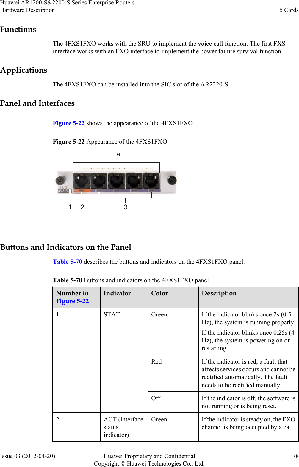 FunctionsThe 4FXS1FXO works with the SRU to implement the voice call function. The first FXSinterface works with an FXO interface to implement the power failure survival function.ApplicationsThe 4FXS1FXO can be installed into the SIC slot of the AR2220-S.Panel and InterfacesFigure 5-22 shows the appearance of the 4FXS1FXO.Figure 5-22 Appearance of the 4FXS1FXOa1 2 3 Buttons and Indicators on the PanelTable 5-70 describes the buttons and indicators on the 4FXS1FXO panel.Table 5-70 Buttons and indicators on the 4FXS1FXO panelNumber inFigure 5-22Indicator Color Description1STAT Green If the indicator blinks once 2s (0.5Hz), the system is running properly.If the indicator blinks once 0.25s (4Hz), the system is powering on orrestarting.Red If the indicator is red, a fault thataffects services occurs and cannot berectified automatically. The faultneeds to be rectified manually.Off If the indicator is off, the software isnot running or is being reset.2 ACT (interfacestatusindicator)Green If the indicator is steady on, the FXOchannel is being occupied by a call.Huawei AR1200-S&amp;2200-S Series Enterprise RoutersHardware Description 5 CardsIssue 03 (2012-04-20) Huawei Proprietary and ConfidentialCopyright © Huawei Technologies Co., Ltd.78