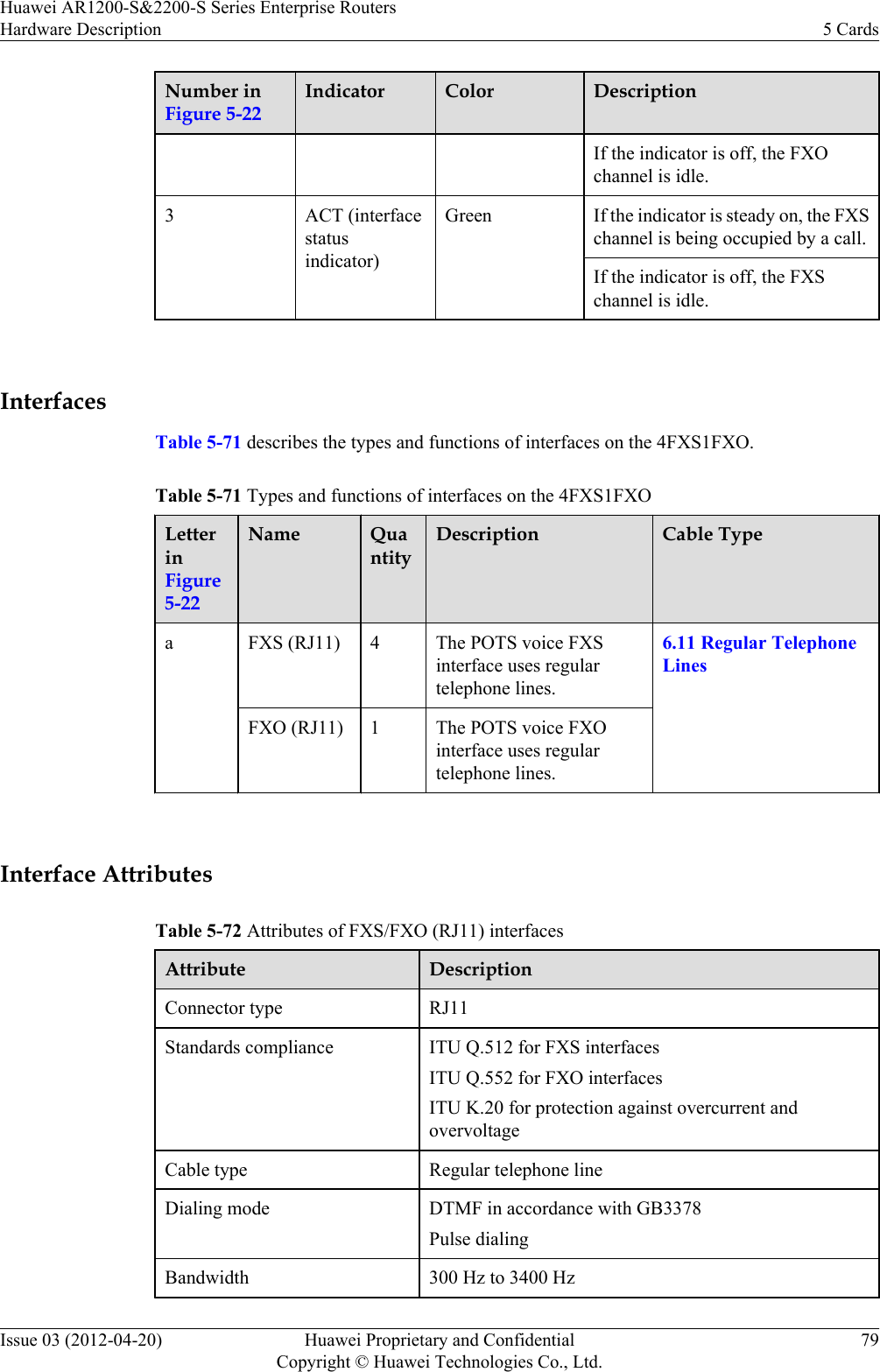 Number inFigure 5-22Indicator Color DescriptionIf the indicator is off, the FXOchannel is idle.3 ACT (interfacestatusindicator)Green If the indicator is steady on, the FXSchannel is being occupied by a call.If the indicator is off, the FXSchannel is idle. InterfacesTable 5-71 describes the types and functions of interfaces on the 4FXS1FXO.Table 5-71 Types and functions of interfaces on the 4FXS1FXOLetterinFigure5-22Name QuantityDescription Cable Typea FXS (RJ11) 4 The POTS voice FXSinterface uses regulartelephone lines.6.11 Regular TelephoneLinesFXO (RJ11) 1 The POTS voice FXOinterface uses regulartelephone lines. Interface AttributesTable 5-72 Attributes of FXS/FXO (RJ11) interfacesAttribute DescriptionConnector type RJ11Standards compliance ITU Q.512 for FXS interfacesITU Q.552 for FXO interfacesITU K.20 for protection against overcurrent andovervoltageCable type Regular telephone lineDialing mode DTMF in accordance with GB3378Pulse dialingBandwidth 300 Hz to 3400 HzHuawei AR1200-S&amp;2200-S Series Enterprise RoutersHardware Description 5 CardsIssue 03 (2012-04-20) Huawei Proprietary and ConfidentialCopyright © Huawei Technologies Co., Ltd.79