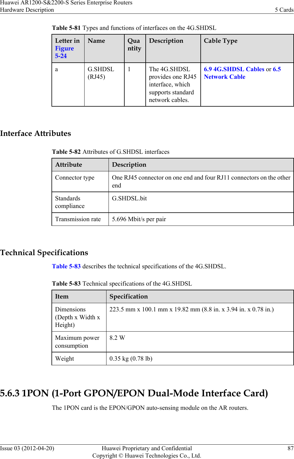 Table 5-81 Types and functions of interfaces on the 4G.SHDSLLetter inFigure5-24Name QuantityDescription Cable Typea G.SHDSL(RJ45)1 The 4G.SHDSLprovides one RJ45interface, whichsupports standardnetwork cables.6.9 4G.SHDSL Cables or 6.5Network Cable Interface AttributesTable 5-82 Attributes of G.SHDSL interfacesAttribute DescriptionConnector type One RJ45 connector on one end and four RJ11 connectors on the otherendStandardscomplianceG.SHDSL.bitTransmission rate 5.696 Mbit/s per pair Technical SpecificationsTable 5-83 describes the technical specifications of the 4G.SHDSL.Table 5-83 Technical specifications of the 4G.SHDSLItem SpecificationDimensions(Depth x Width xHeight)223.5 mm x 100.1 mm x 19.82 mm (8.8 in. x 3.94 in. x 0.78 in.)Maximum powerconsumption8.2 WWeight 0.35 kg (0.78 lb) 5.6.3 1PON (1-Port GPON/EPON Dual-Mode Interface Card)The 1PON card is the EPON/GPON auto-sensing module on the AR routers.Huawei AR1200-S&amp;2200-S Series Enterprise RoutersHardware Description 5 CardsIssue 03 (2012-04-20) Huawei Proprietary and ConfidentialCopyright © Huawei Technologies Co., Ltd.87